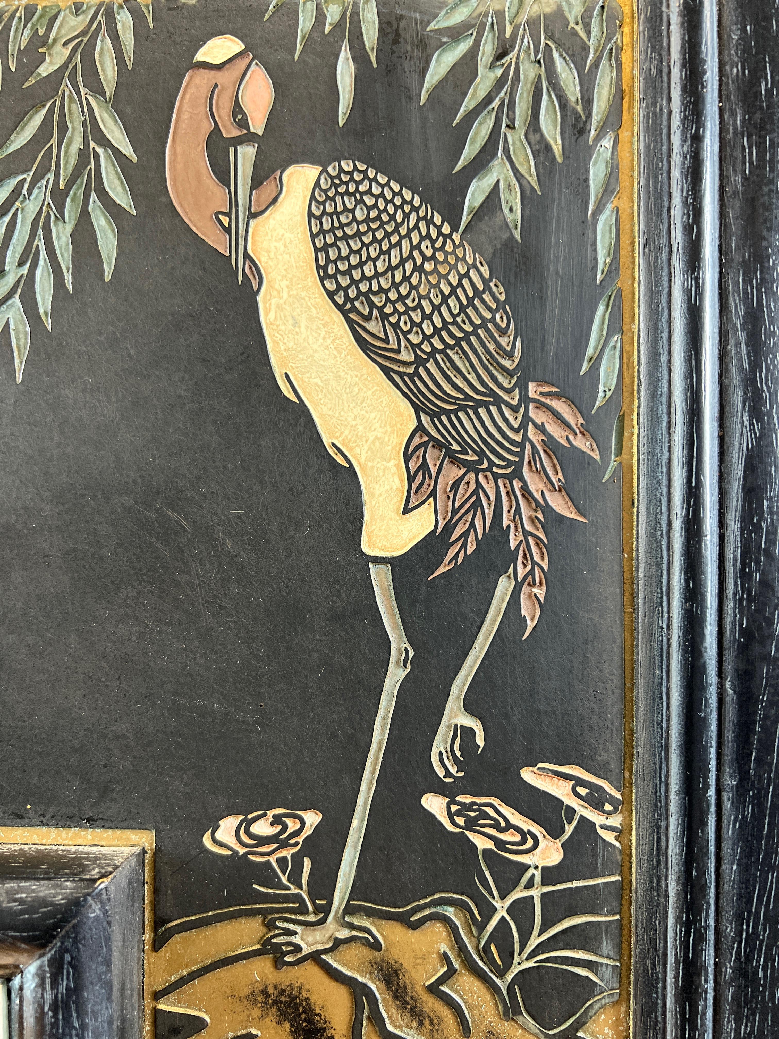 Large Japanese Black Crane and Camellia-Motif Relief Carved Wall Mirror, 1970s For Sale 1