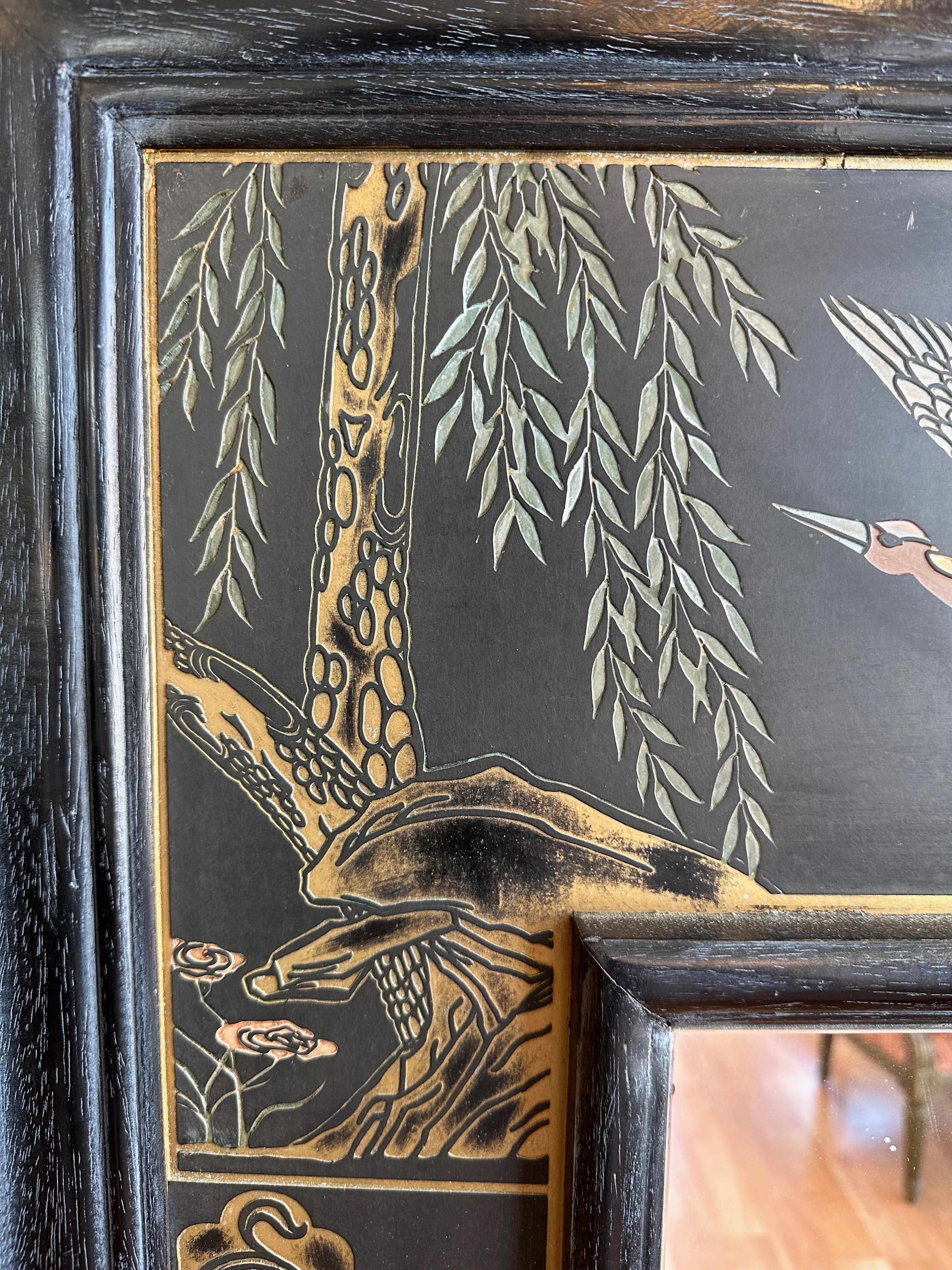 Grand miroir mural japonais sculpté à motifs de grues noires et de camélia, années 1970 en vente 9