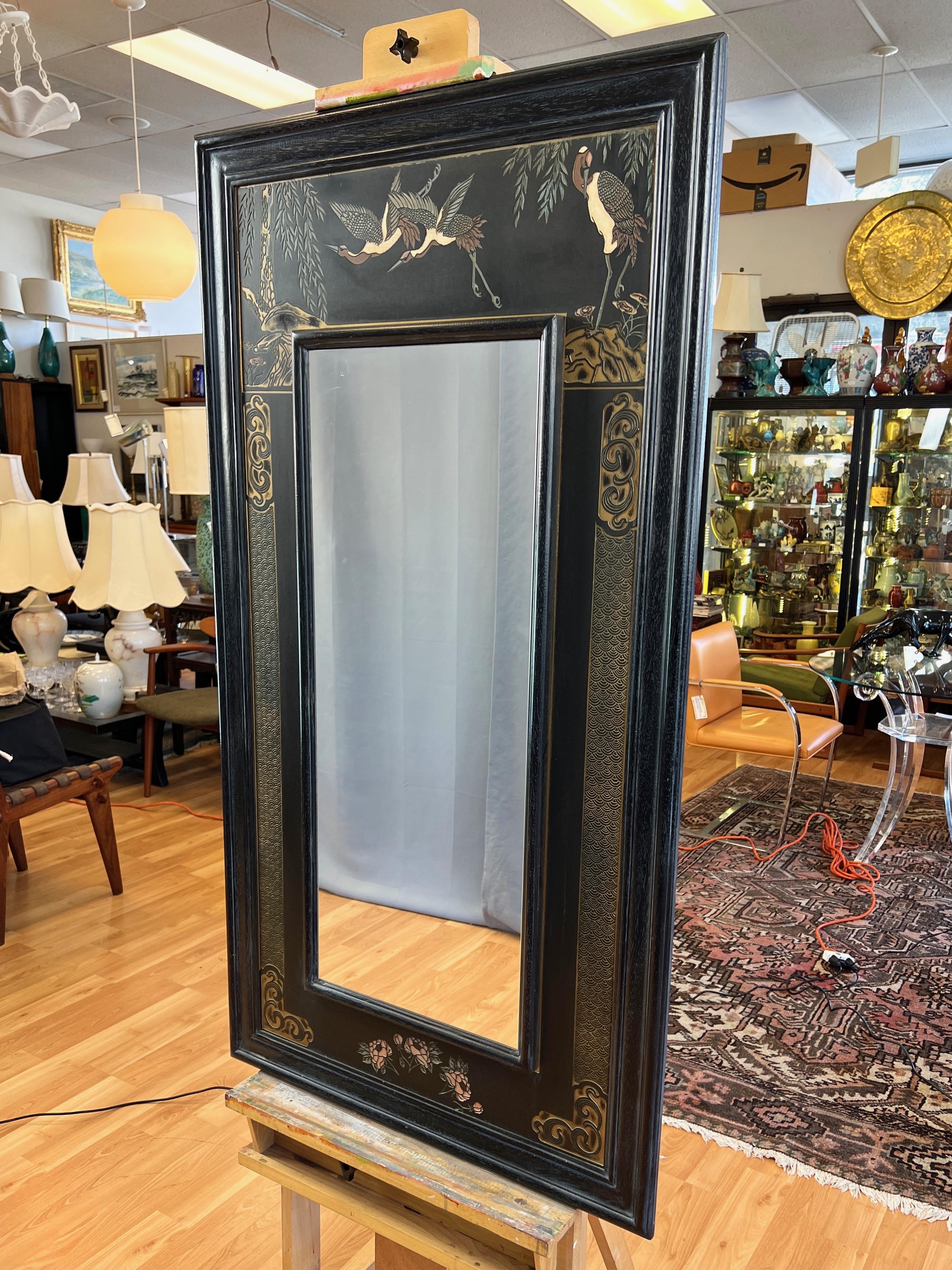 American Large Japanese Black Crane and Camellia-Motif Relief Carved Wall Mirror, 1970s For Sale