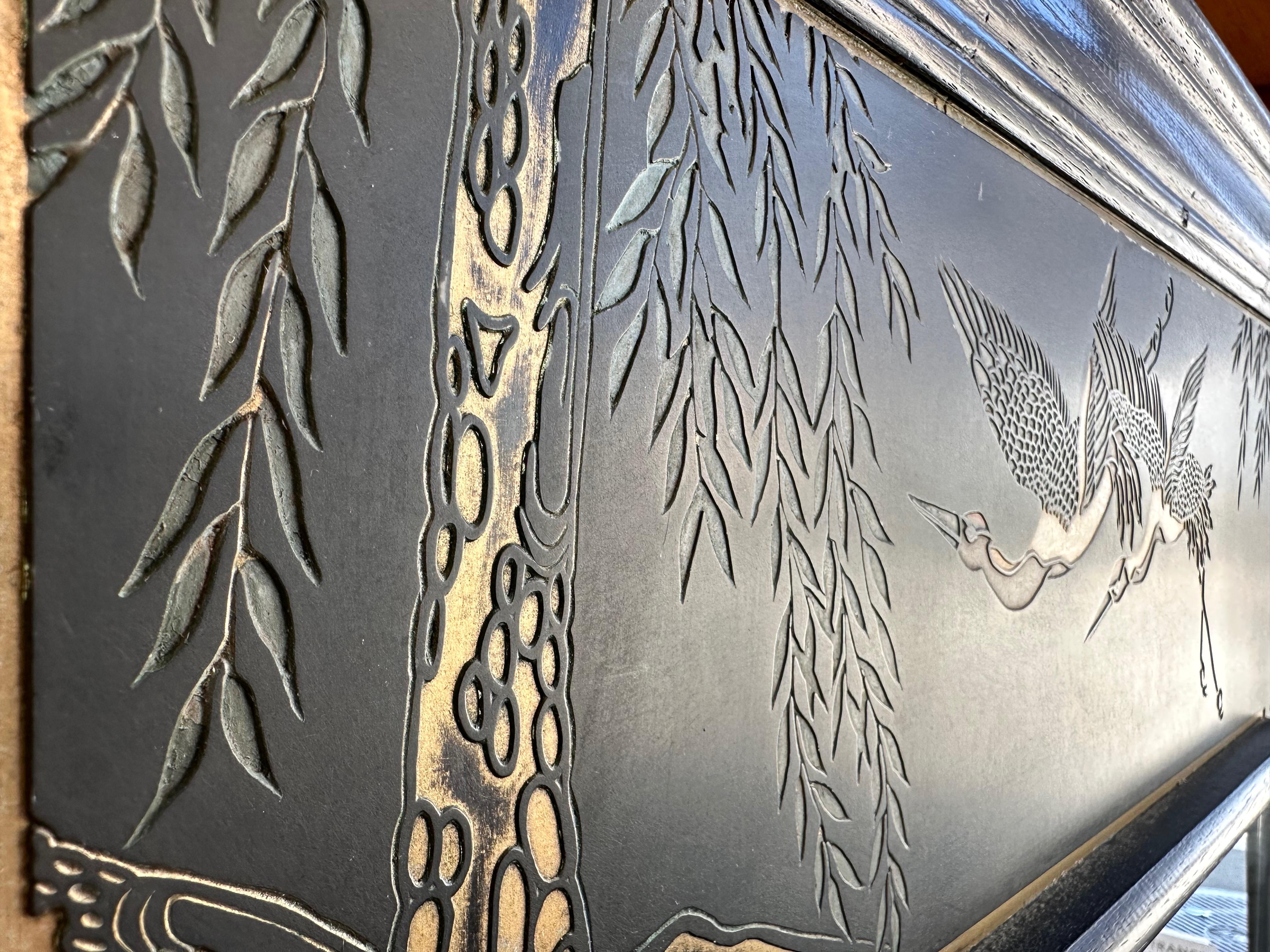Large Japanese Black Crane and Camellia-Motif Relief Carved Wall Mirror, 1970s In Good Condition For Sale In San Francisco, CA