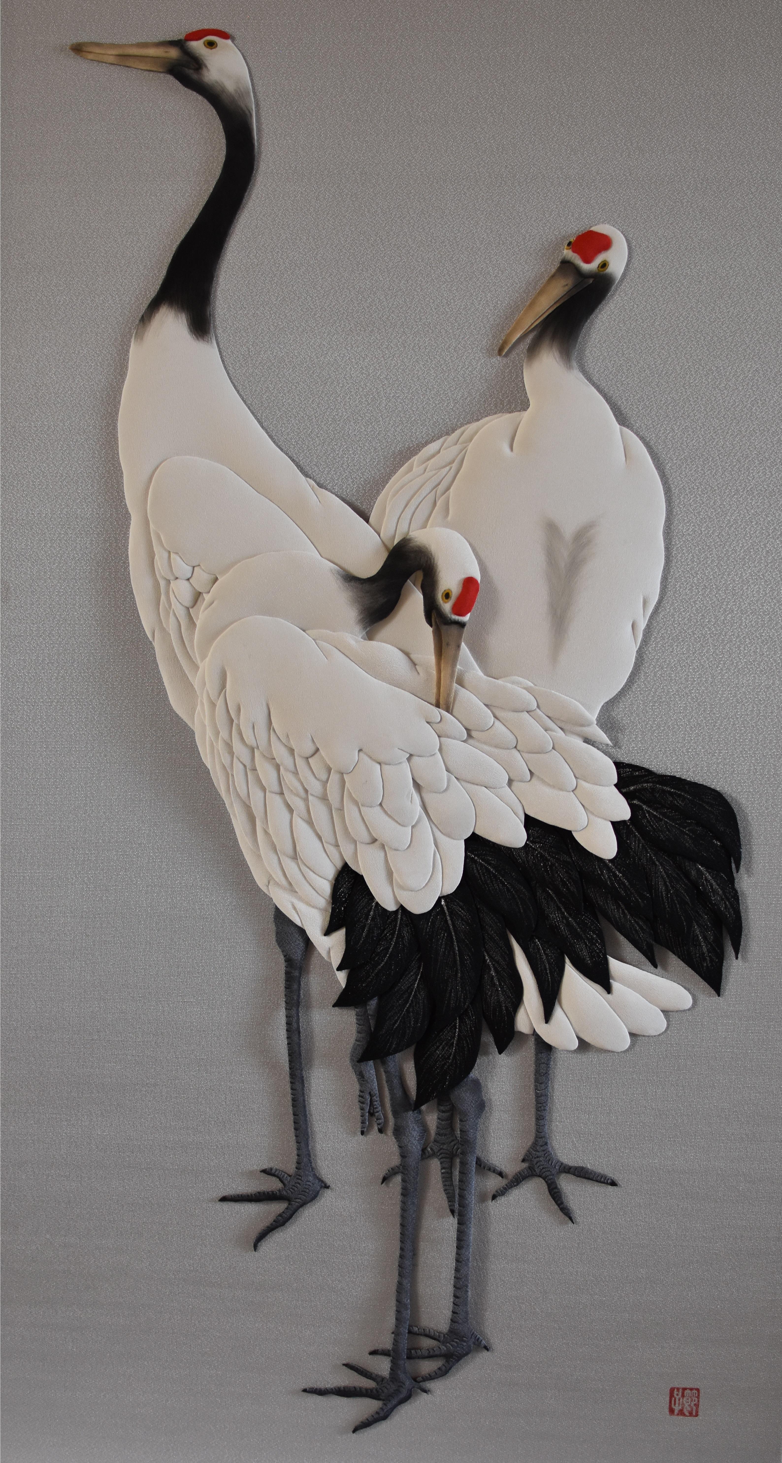Japanese Contemporary Silk Brocade Oshie Decorative Art, Black Cream  3