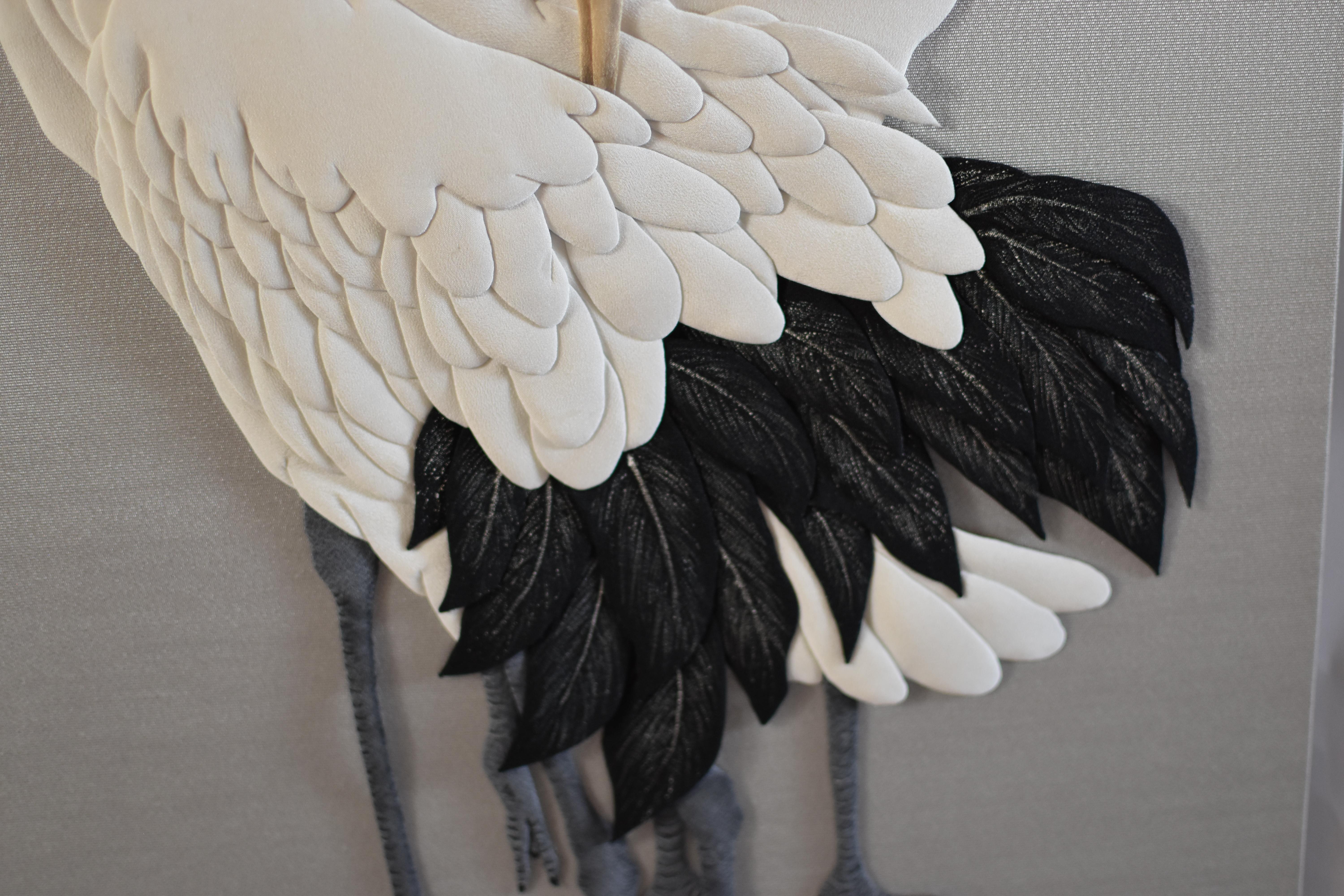 Hand-Crafted Japanese Contemporary Silk Brocade Oshie Decorative Art, Black Cream 