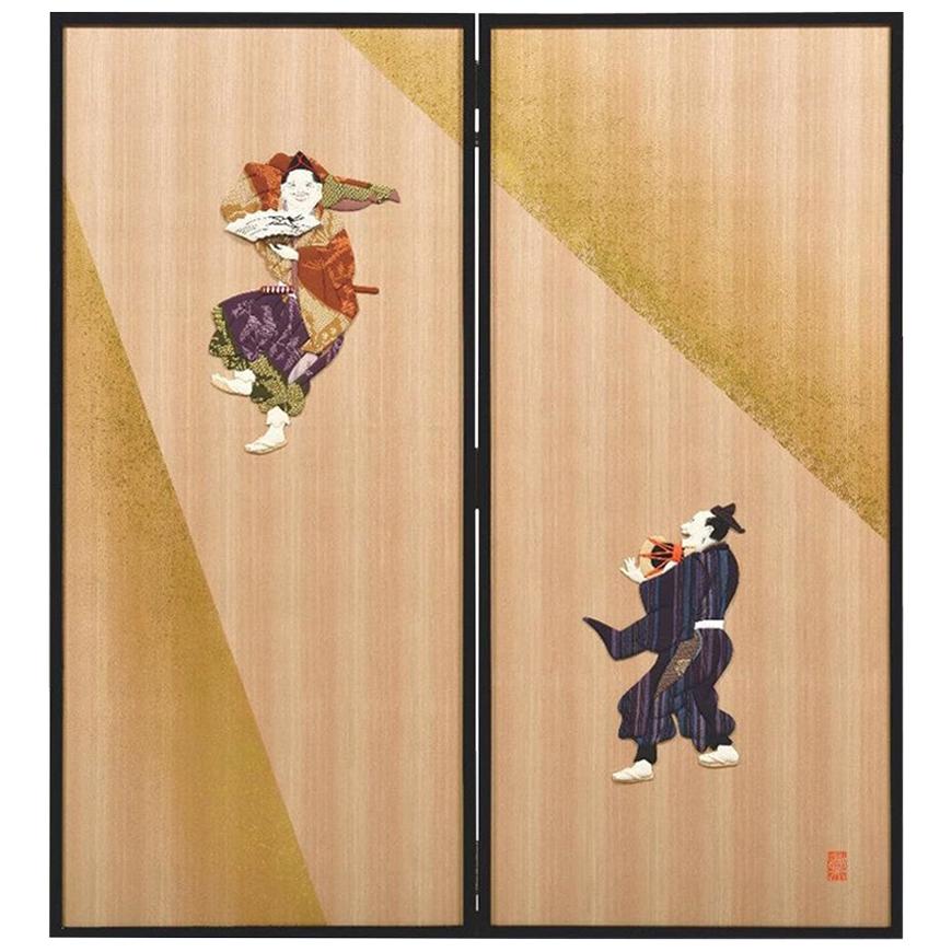 Large Japanese Black Silk Brocade Handcrafted Two Panel Folding Screen