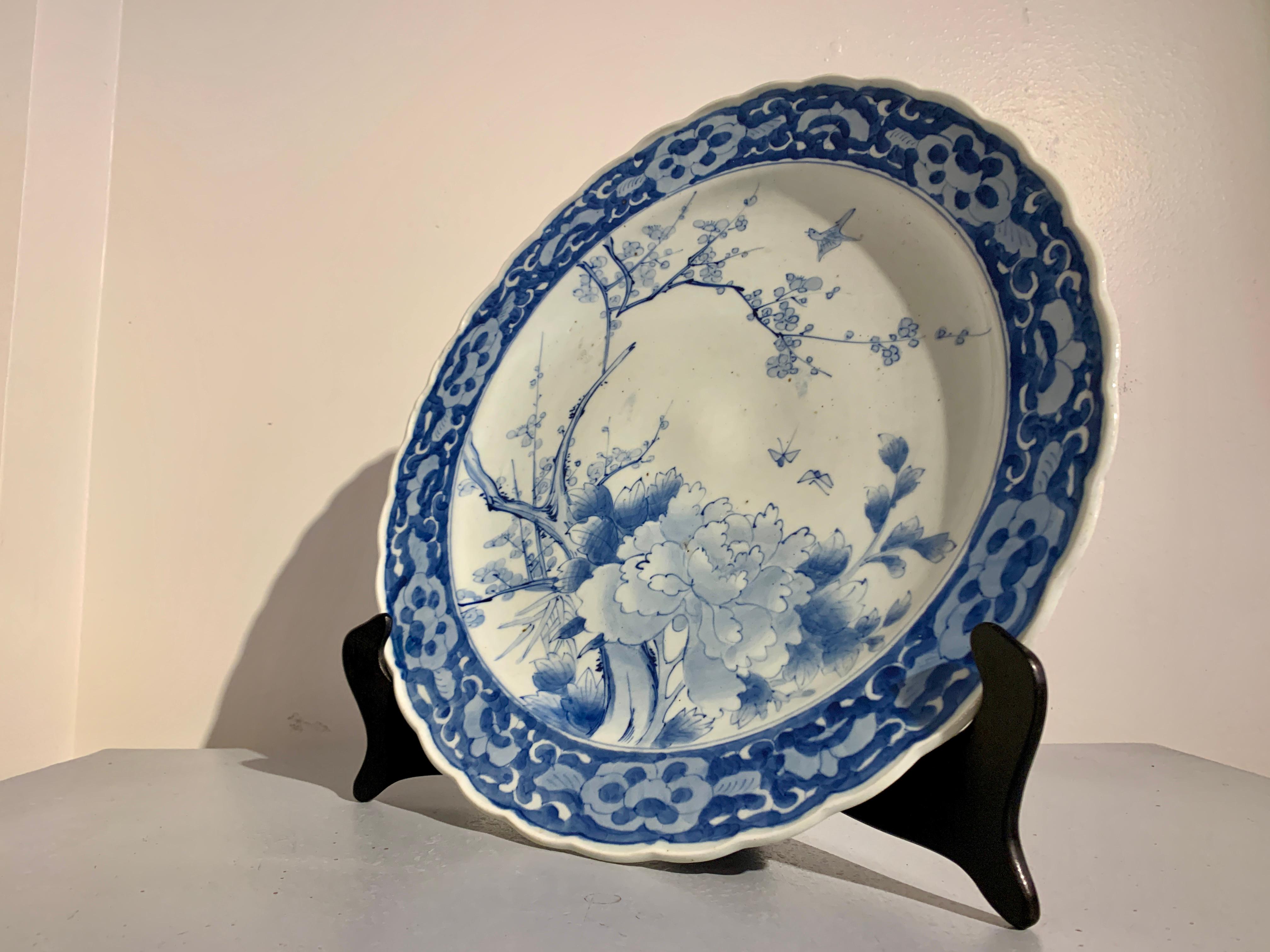Hand-Painted Large Japanese Blue and White Arita Ware Porcelain Charger, Meiji Period