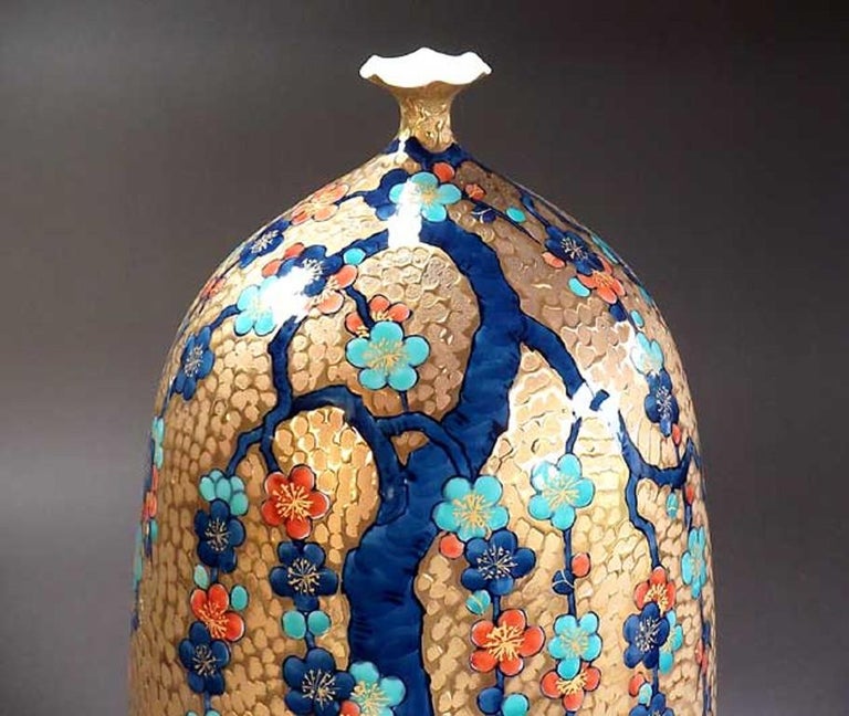 Large Japanese Blue Gilded Hand Painted Porcelain Vase by Master Artist