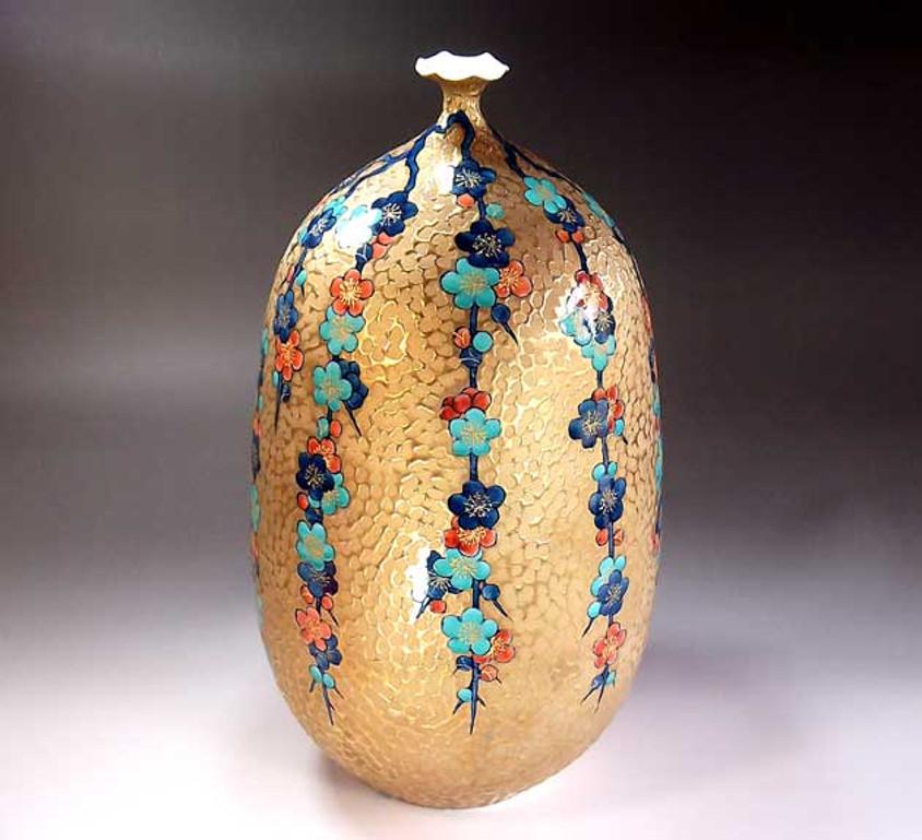 Gilt Contemporary Japanese Blue Gold Orange Porcelain Vase by Master Artist