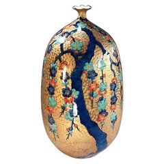 Contemporary Japanese Blue Gold Orange Porcelain Vase by Master Artist