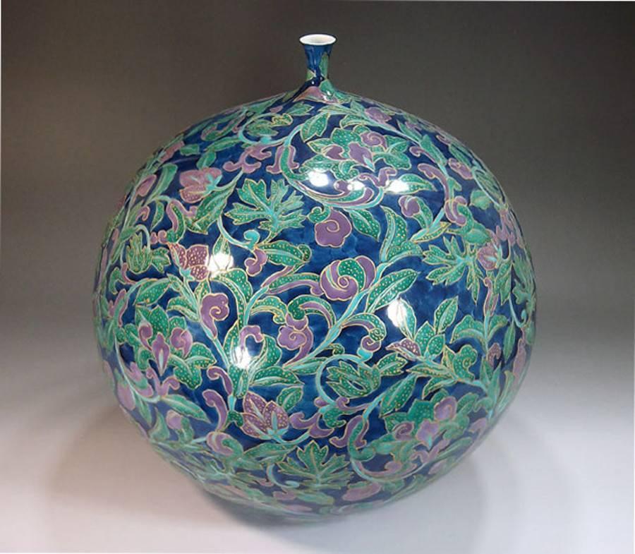 Hand-Painted Large Japanese Blue Green Gilded Porcelain Vase by Contemporary Master Artist For Sale