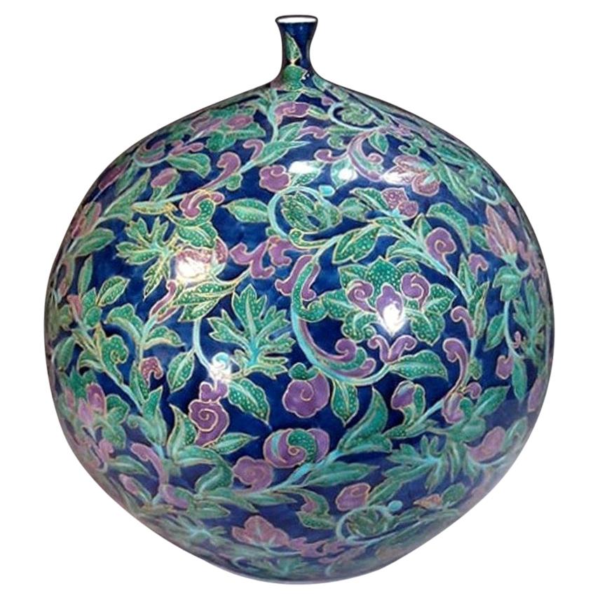 Grand vase japonais en porcelaine dorée bleu et vert par un maître artiste contemporain