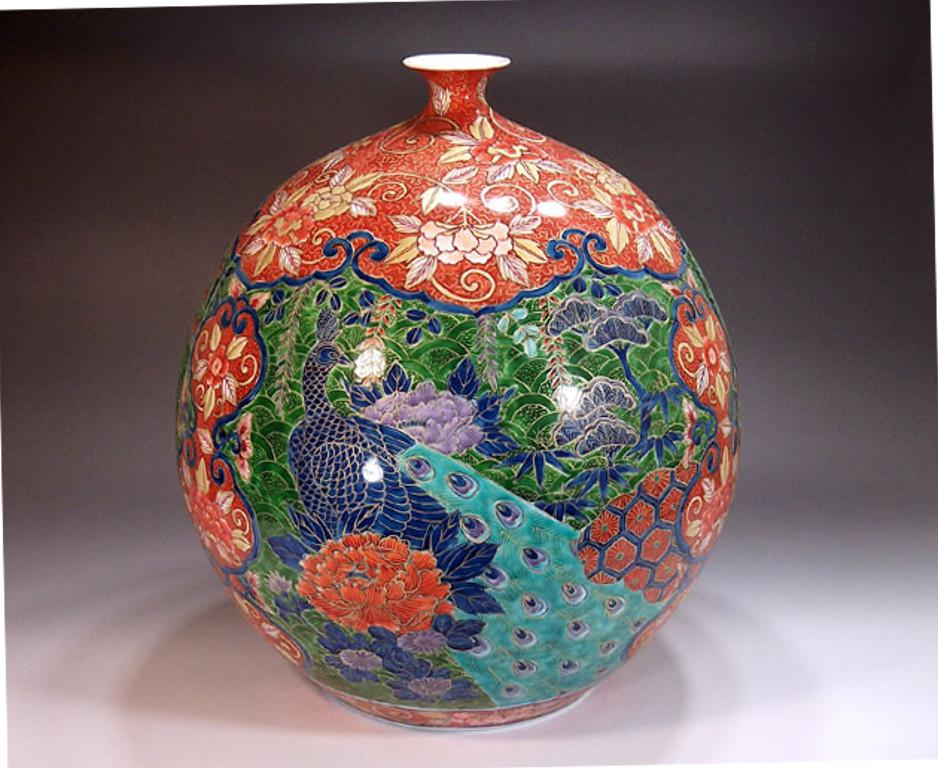 Large Japanese Blue Green Red Porcelain Vase by Contemporary Master Artist For Sale 1