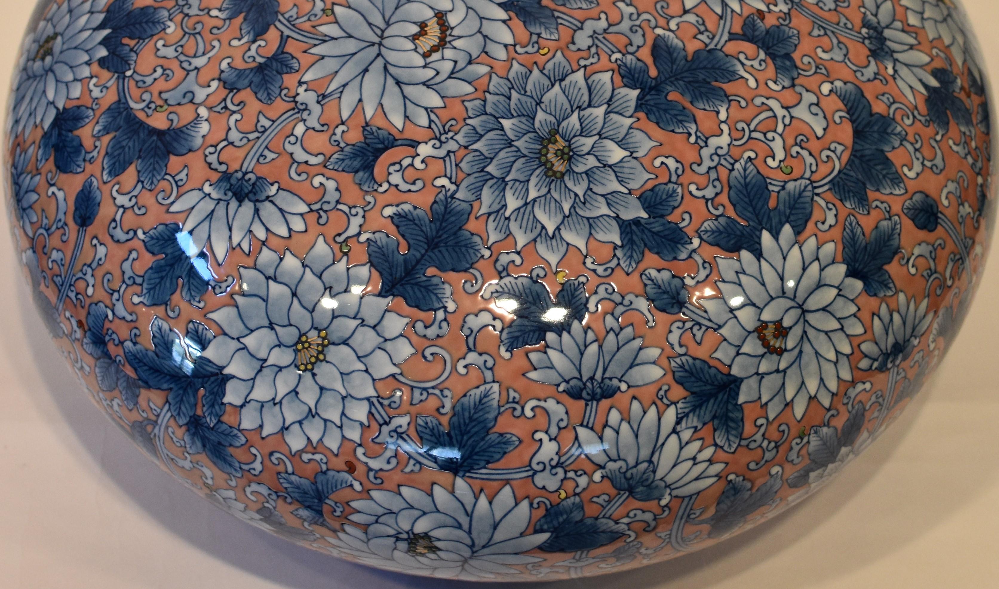 Gilt Large Japanese Blue Pink Porcelain Vase by Contemporary Master Artist