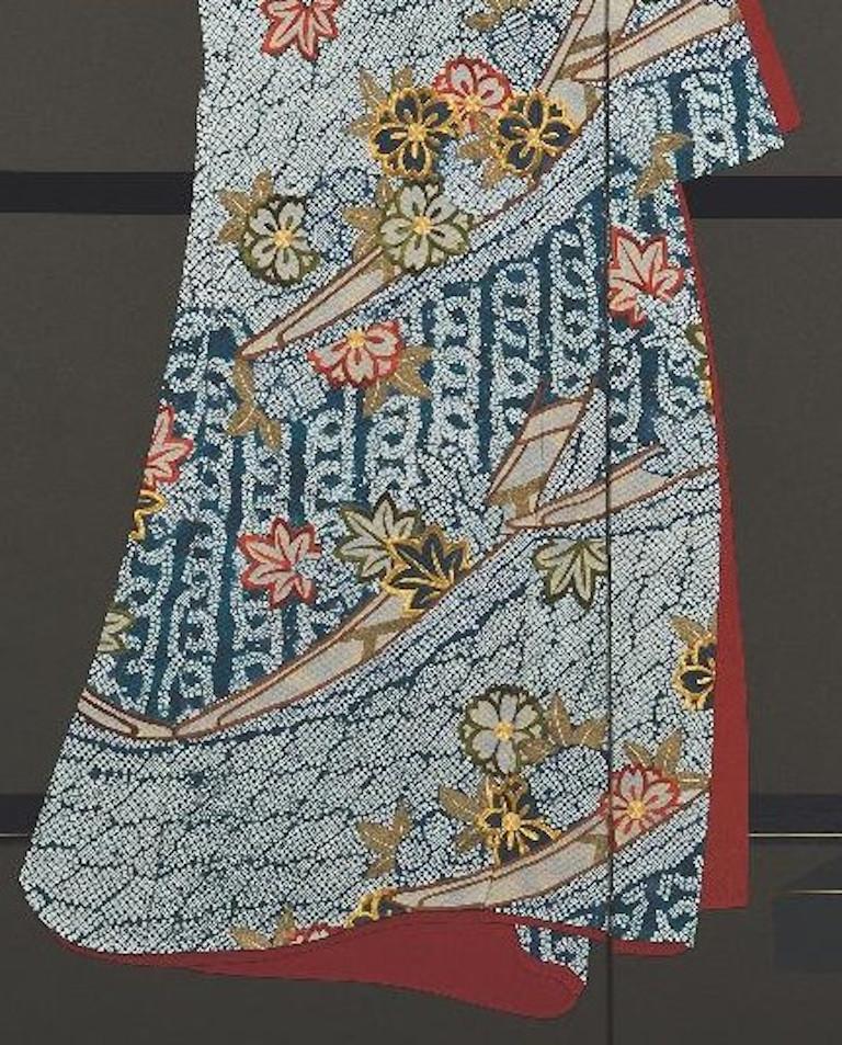 Japanese Contemporary Blue Red Hand-Crafted Silk Two Panel Folding Screen In New Condition In Takarazuka, JP