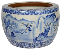 Large Japanese Blue + White jardiniere, circa 1890.