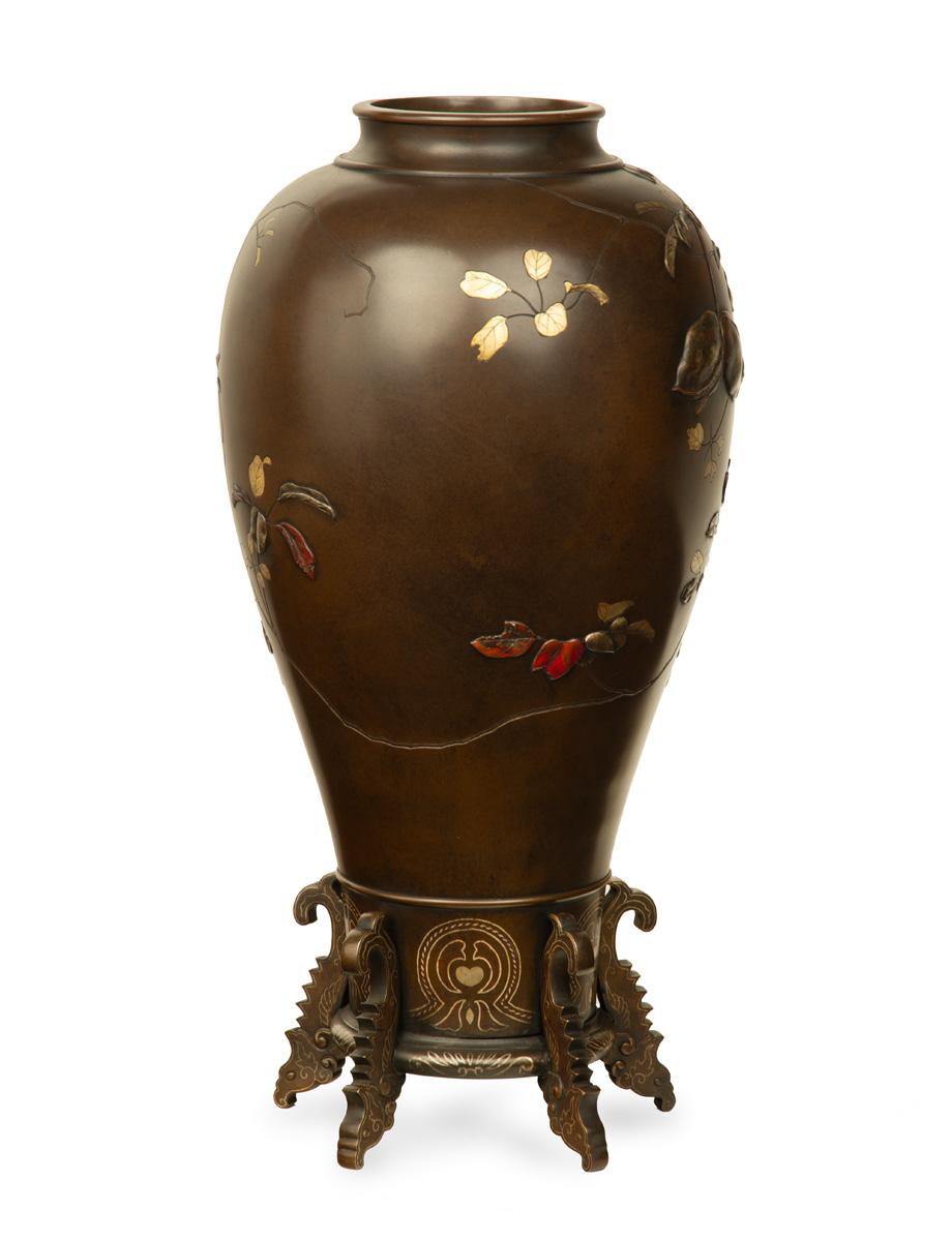 Meiji Large Japanese Bronze and Mixed Metal Vase After Suzuki Chokichi For Sale