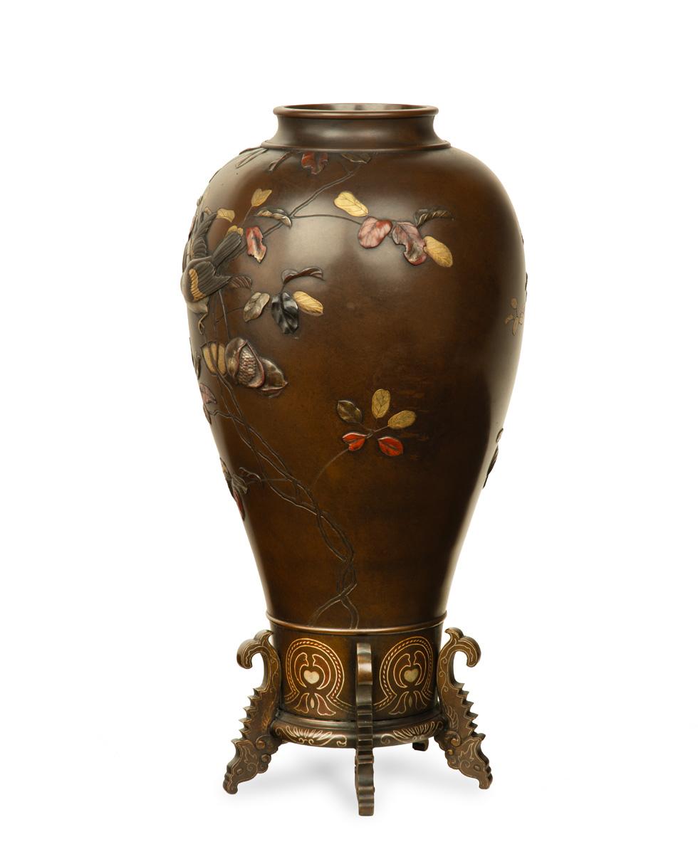 19th Century Large Japanese Bronze and Mixed Metal Vase After Suzuki Chokichi For Sale