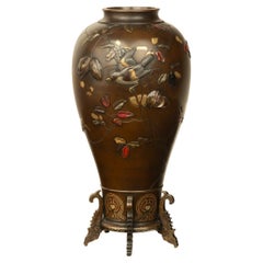 Vintage Large Japanese Bronze and Mixed Metal Vase After Suzuki Chokichi