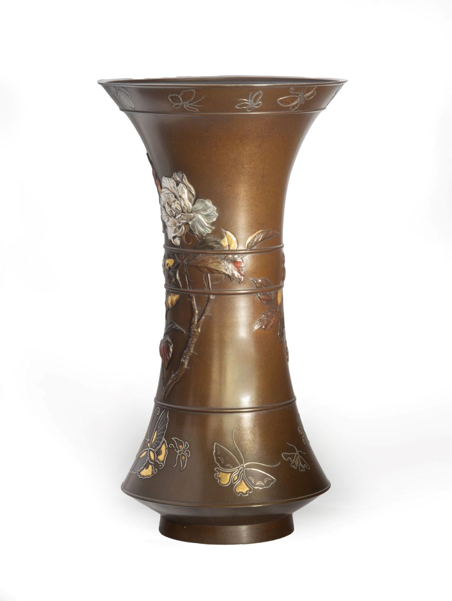 As part of our Japanese works of art collection we are delighted to offer this fine quality Meiji Period (1868-1912) bronze and mixed metal vase by the highly skilled Imperial artist Suzuki Chokichi, his art name Kako. On this occasion Chokichi has