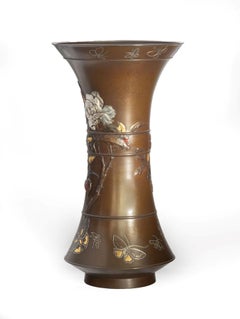 Large Japanese Bronze and Mixed Metal Vase, Suzuki Chokichi
