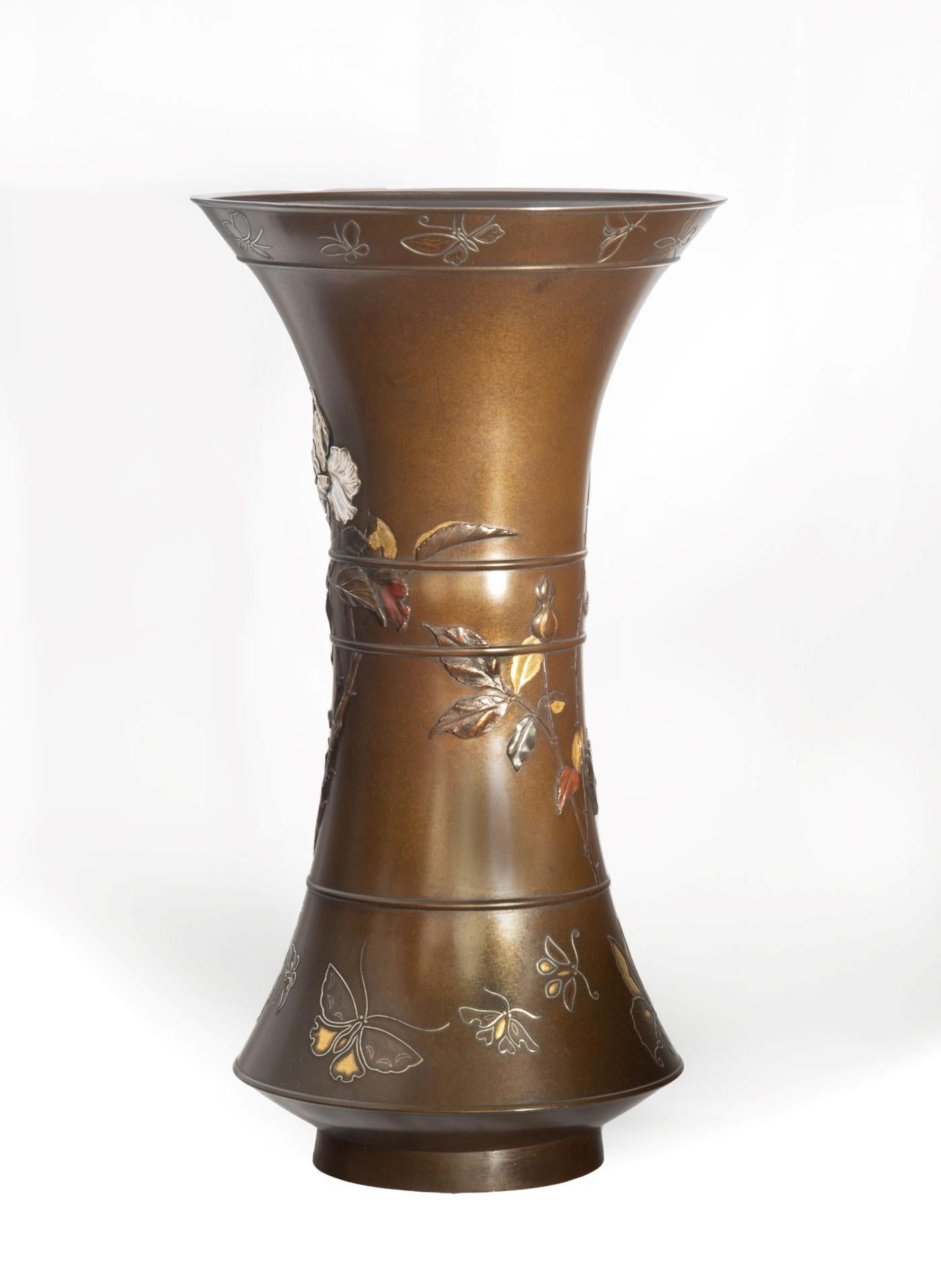 Meiji Large Japanese Bronze and Mixed Metal Vase, Suzuki Chokichi