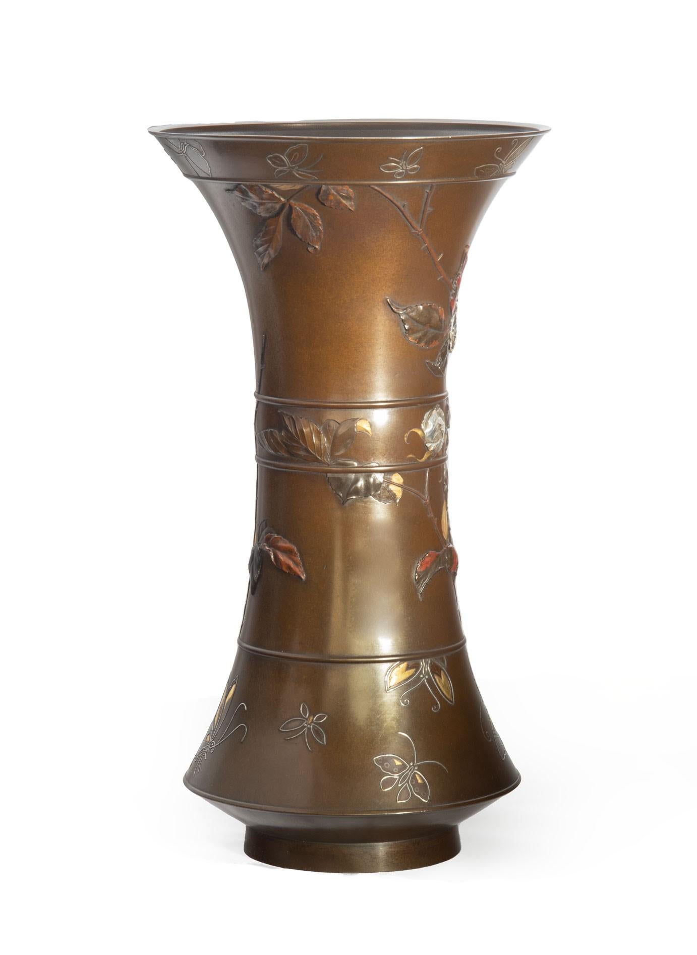19th Century Large Japanese Bronze and Mixed Metal Vase, Suzuki Chokichi