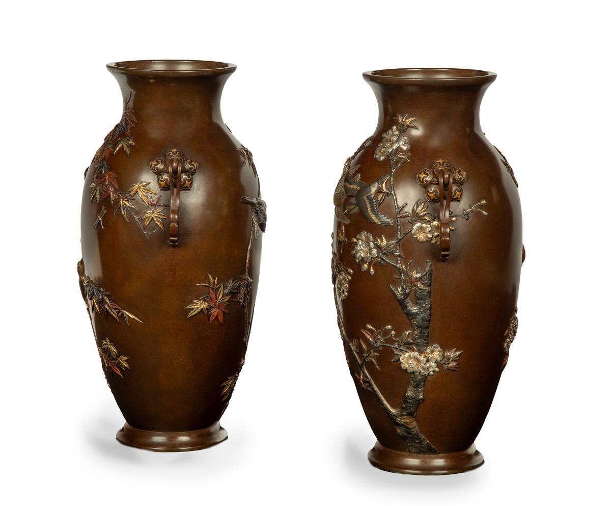 Meiji Large Japanese Bronze and Mixed Metal Vases - Suzuki Chokichi