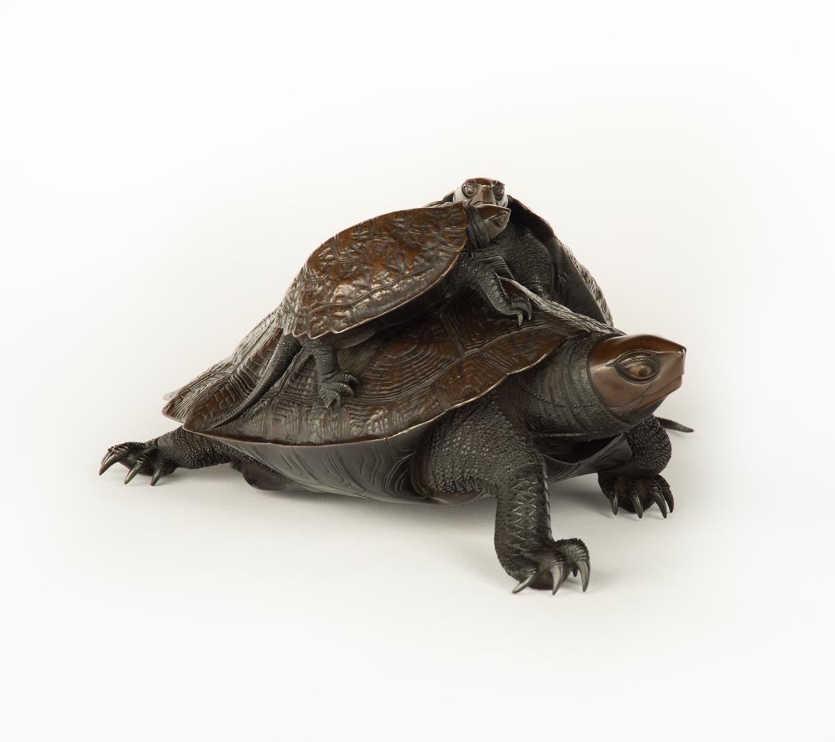 As part of our Japanese works of art collection we are delighted to offer this large scale exceptional quality Meiji period (1868-1912) okimono group of infant turtles clambering upon the larger adult. The main body of the turtles are formed from