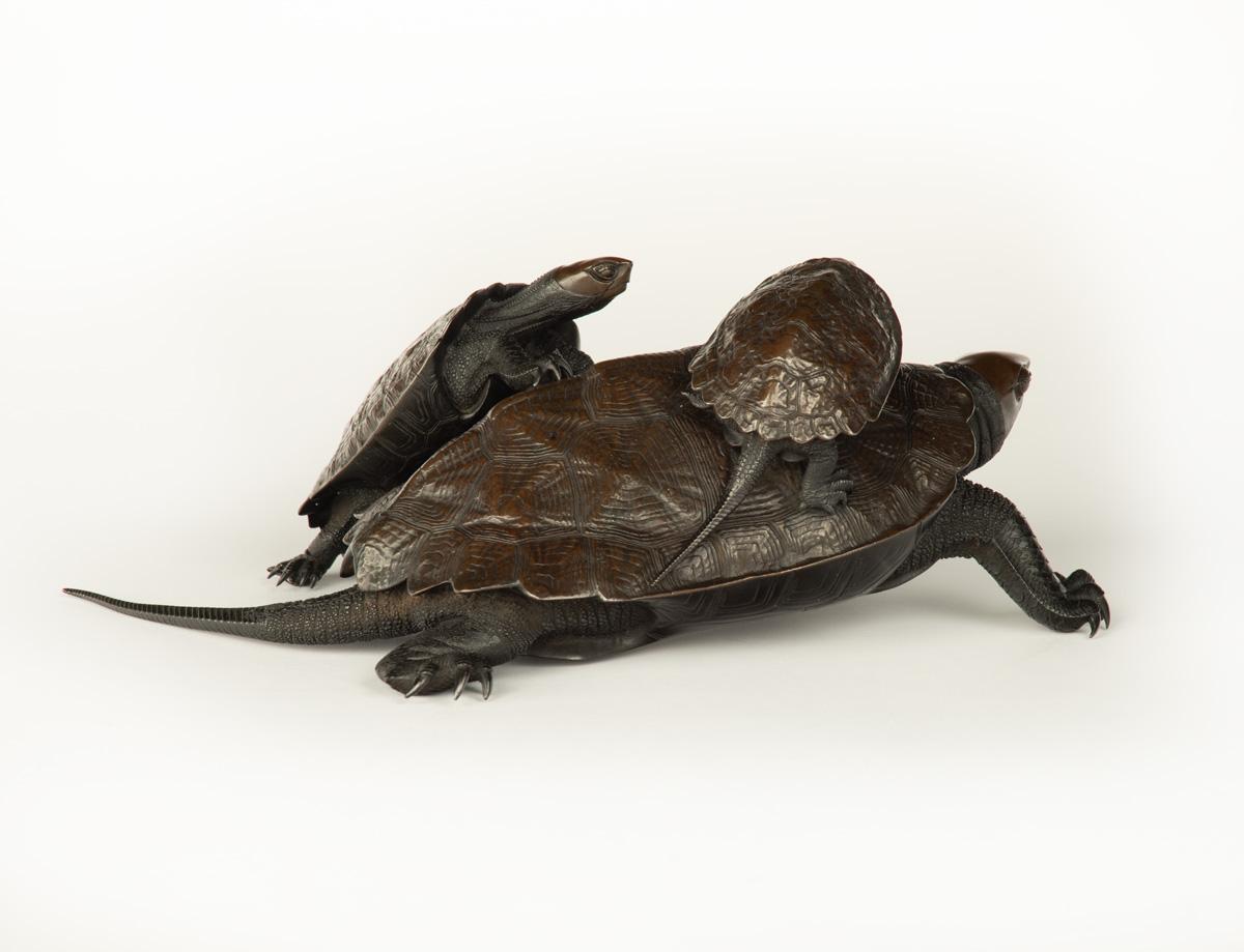 Meiji Large Japanese Bronze and Shakudo Okimono Turtles - Jomi Eisuke For Sale