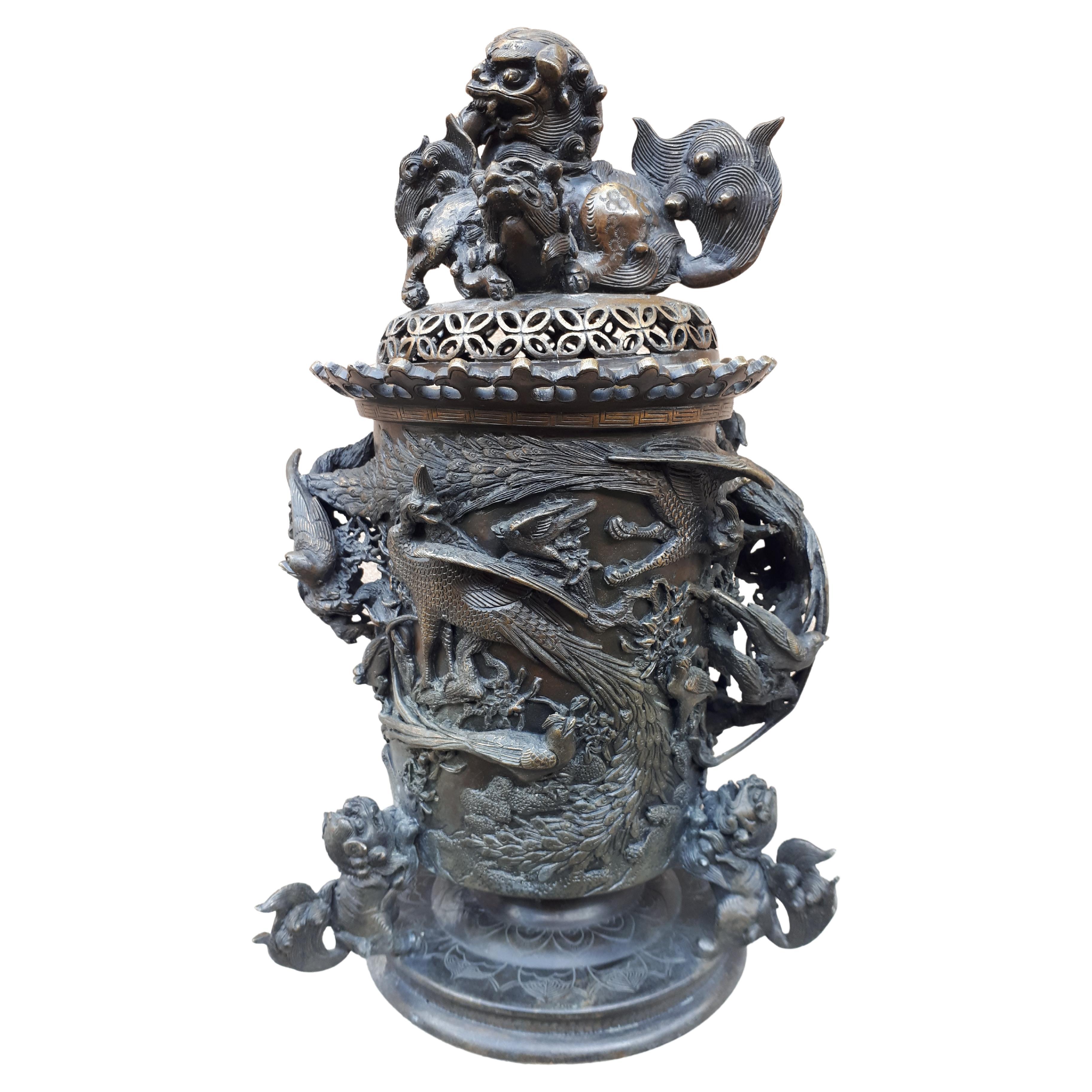 Large Japanese Bronze Incense Burner, Japan Meiji Period For Sale