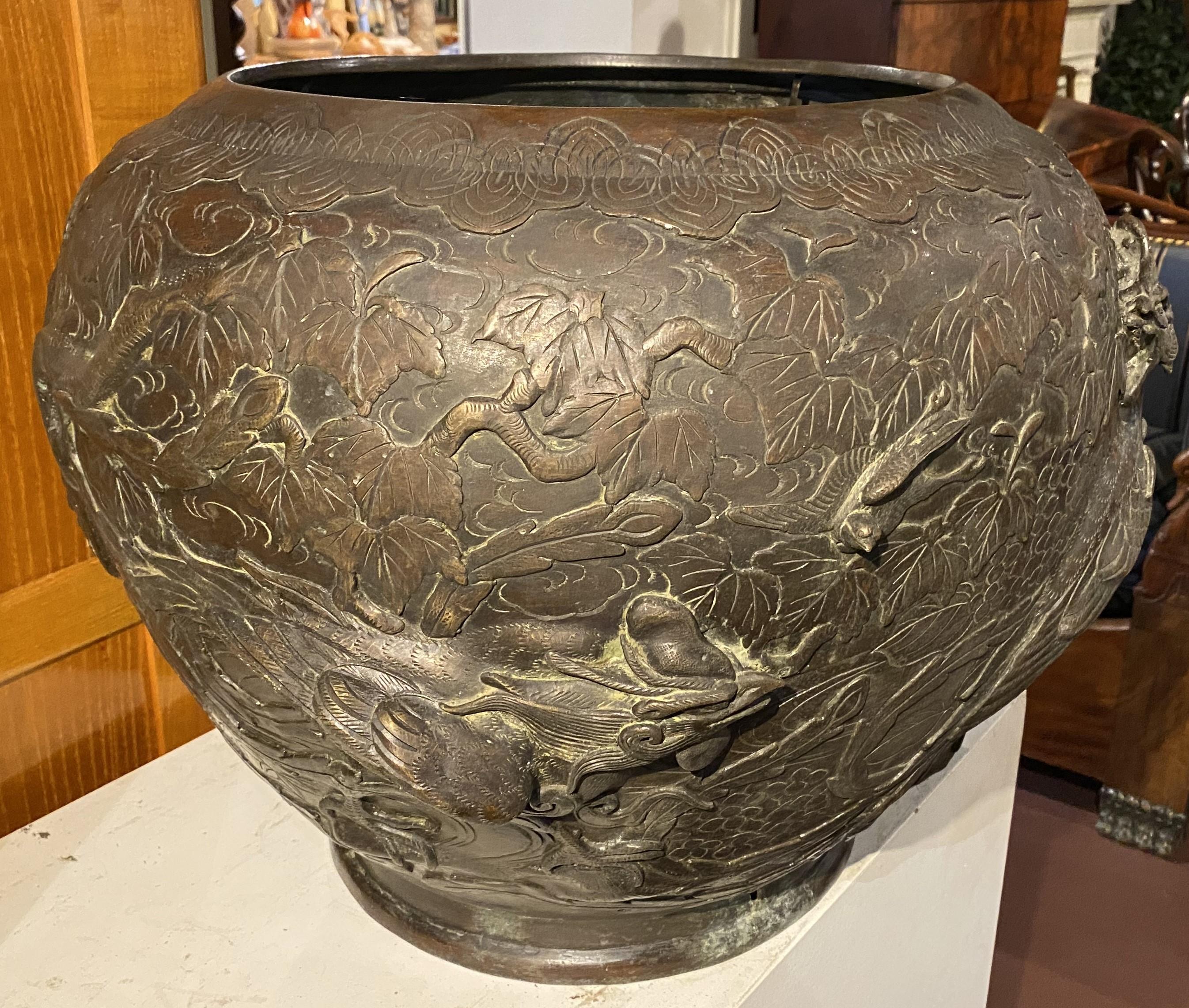 Meiji Large Japanese Bronze Jardiniere with Bird Decoration For Sale