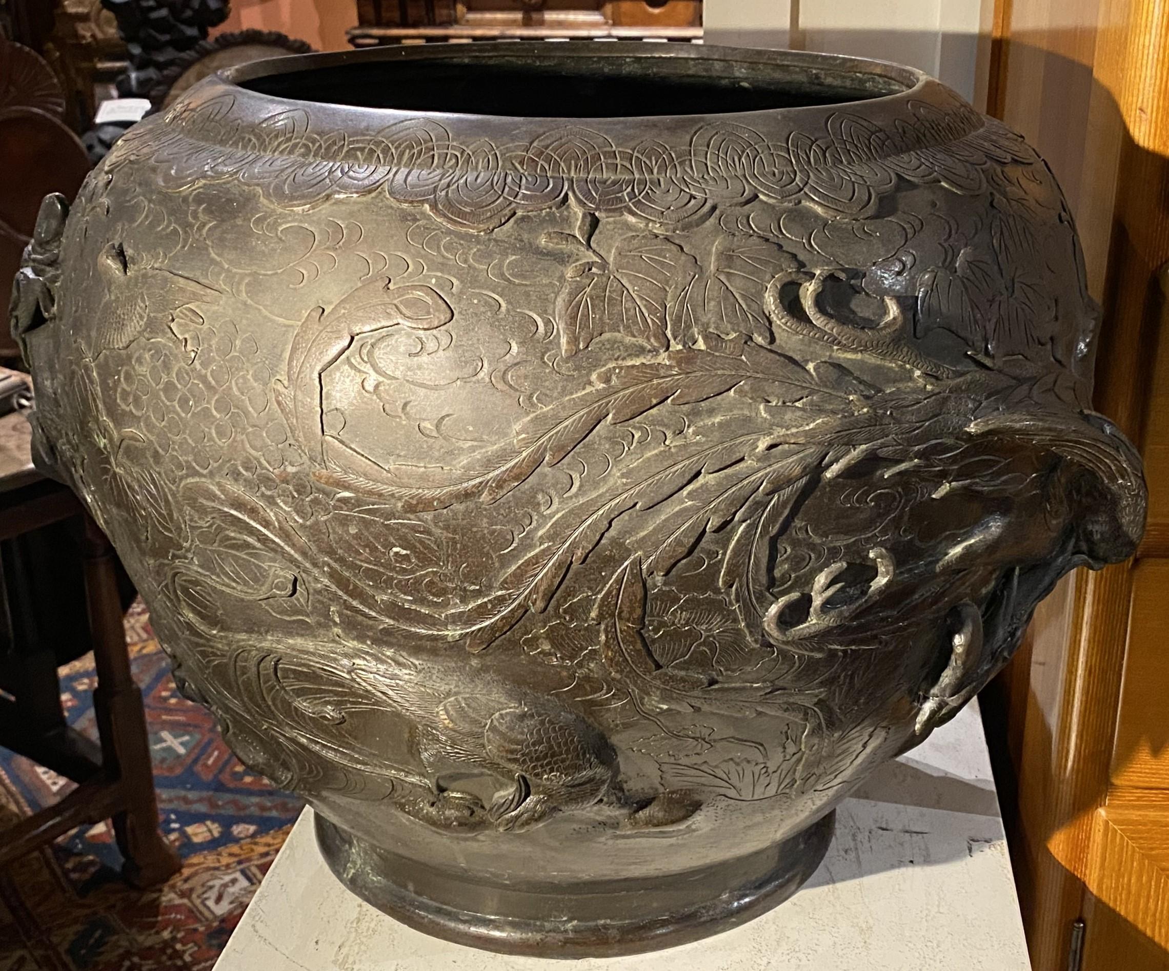 Cast Large Japanese Bronze Jardiniere with Bird Decoration For Sale