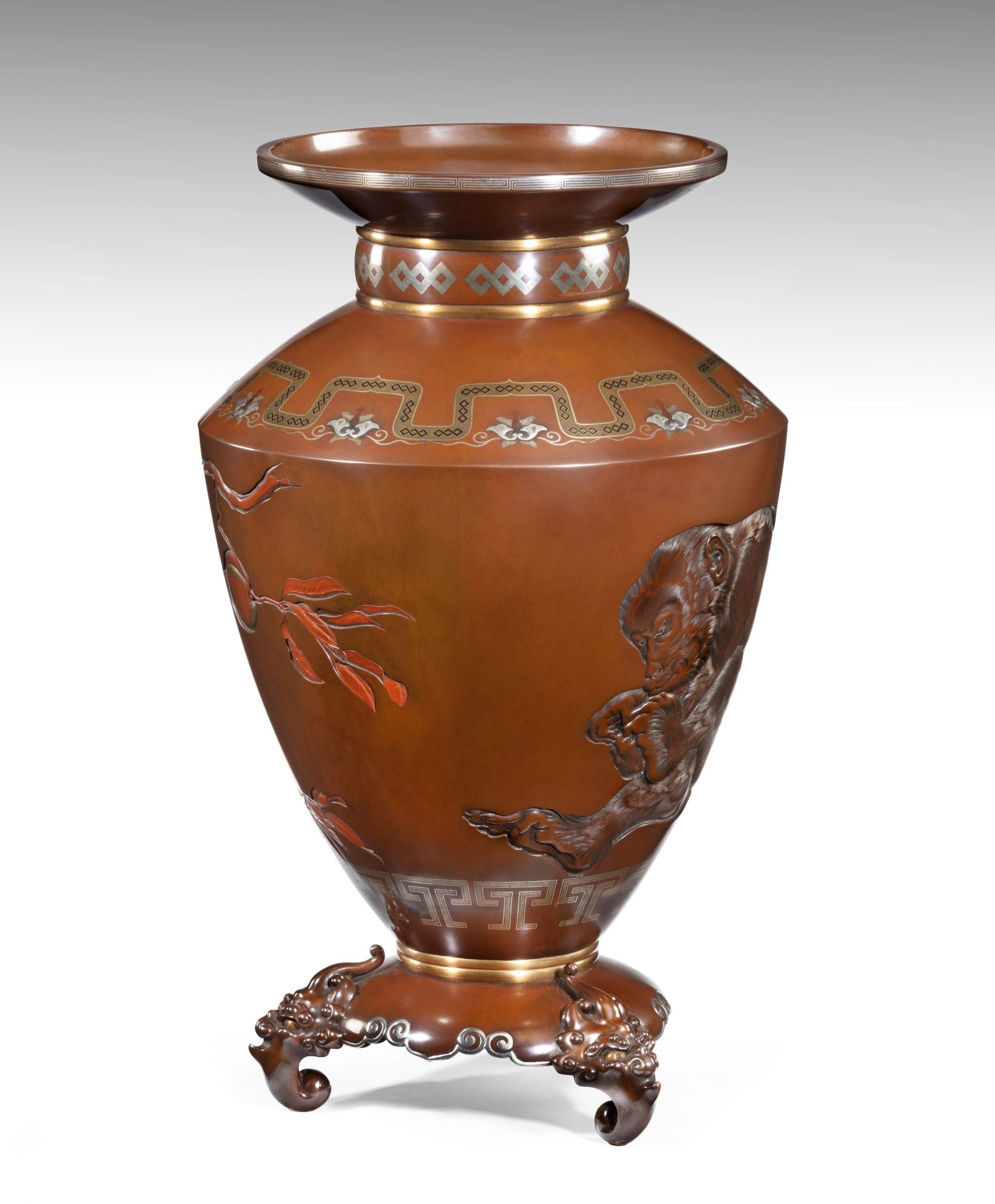 Meiji Large Japanese Bronze Monkey Vase – Hokugaku I For Sale