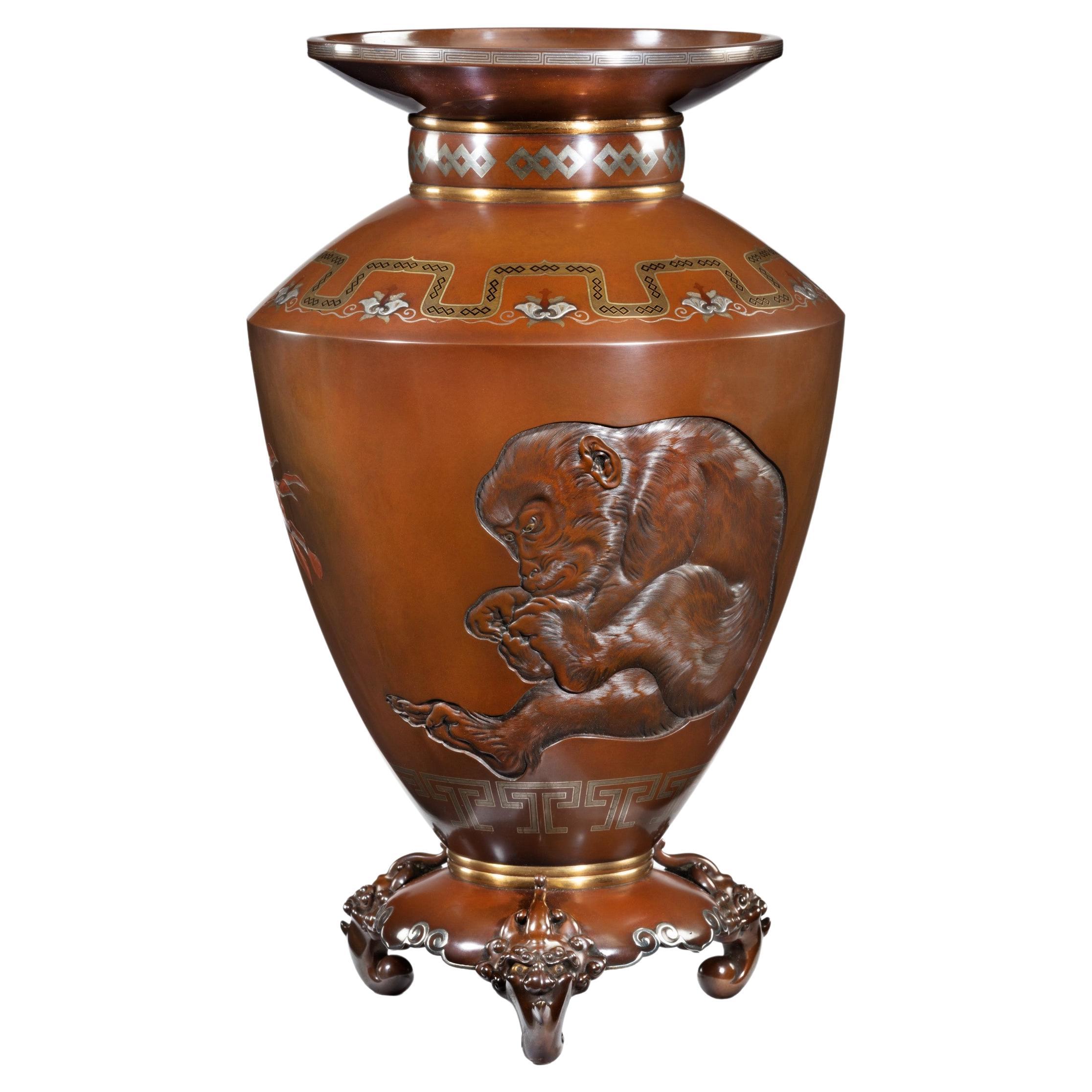 Large Japanese Bronze Monkey Vase – Hokugaku I For Sale