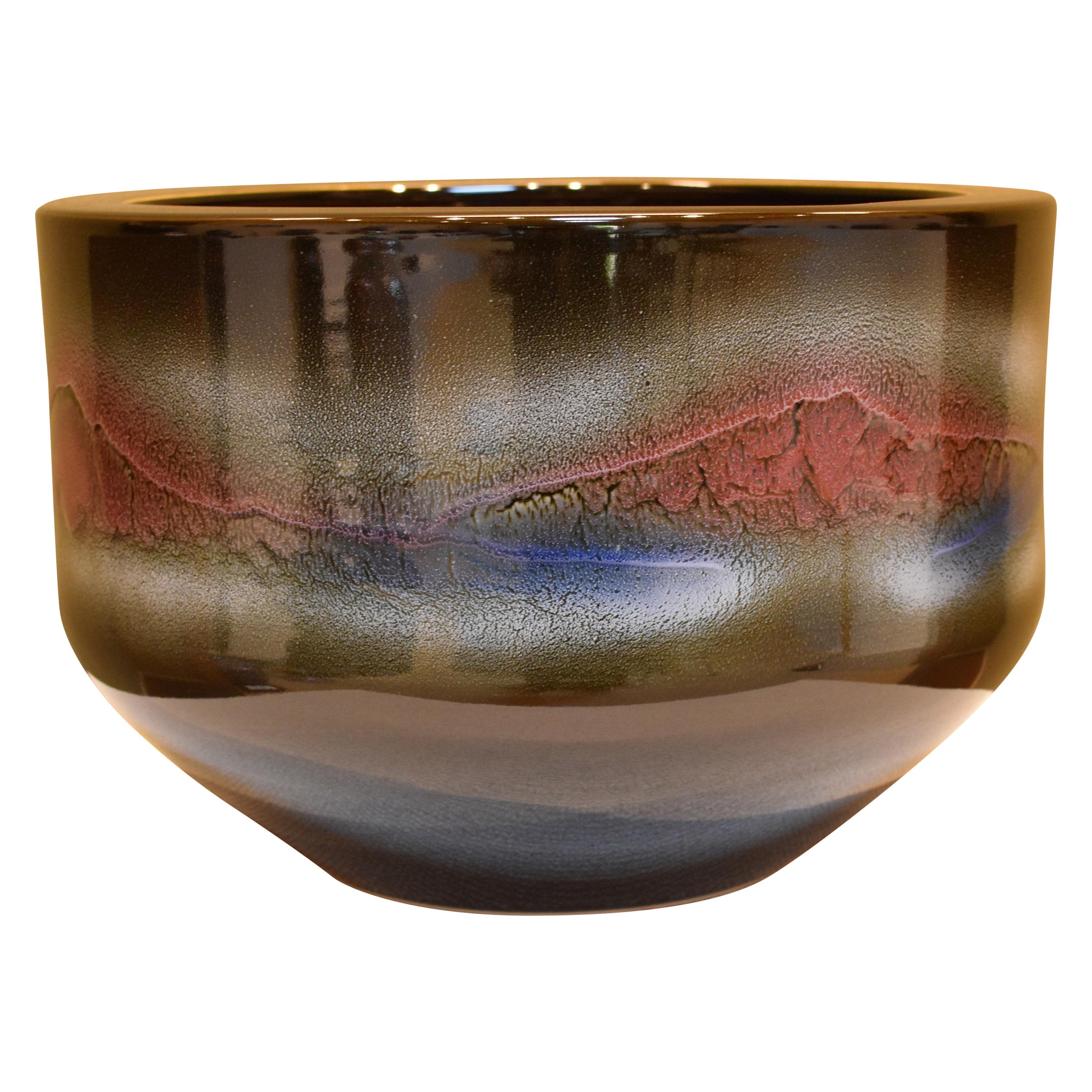 Japanese Contemporary Brown Blue Red Hand-Glazed Porcelain Vase by Master Artist For Sale