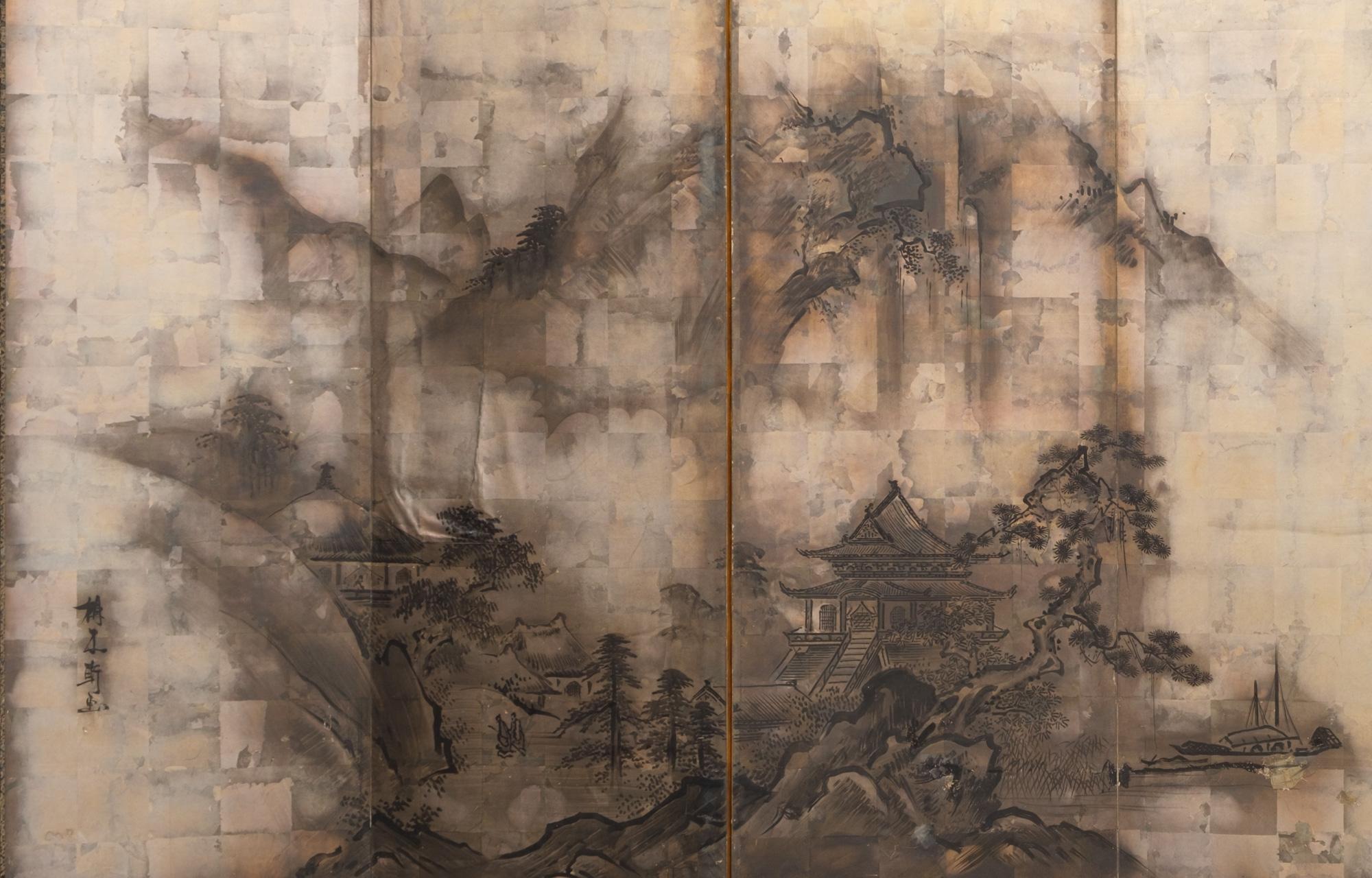 Hand-Painted Large Japanese byôbu 屏風 (folding screen) with Nanga School-style painting For Sale