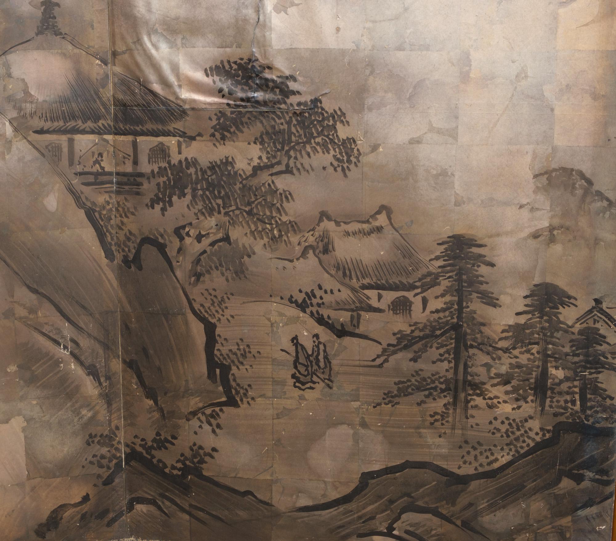 19th Century Large Japanese byôbu 屏風 (folding screen) with Nanga School-style painting For Sale