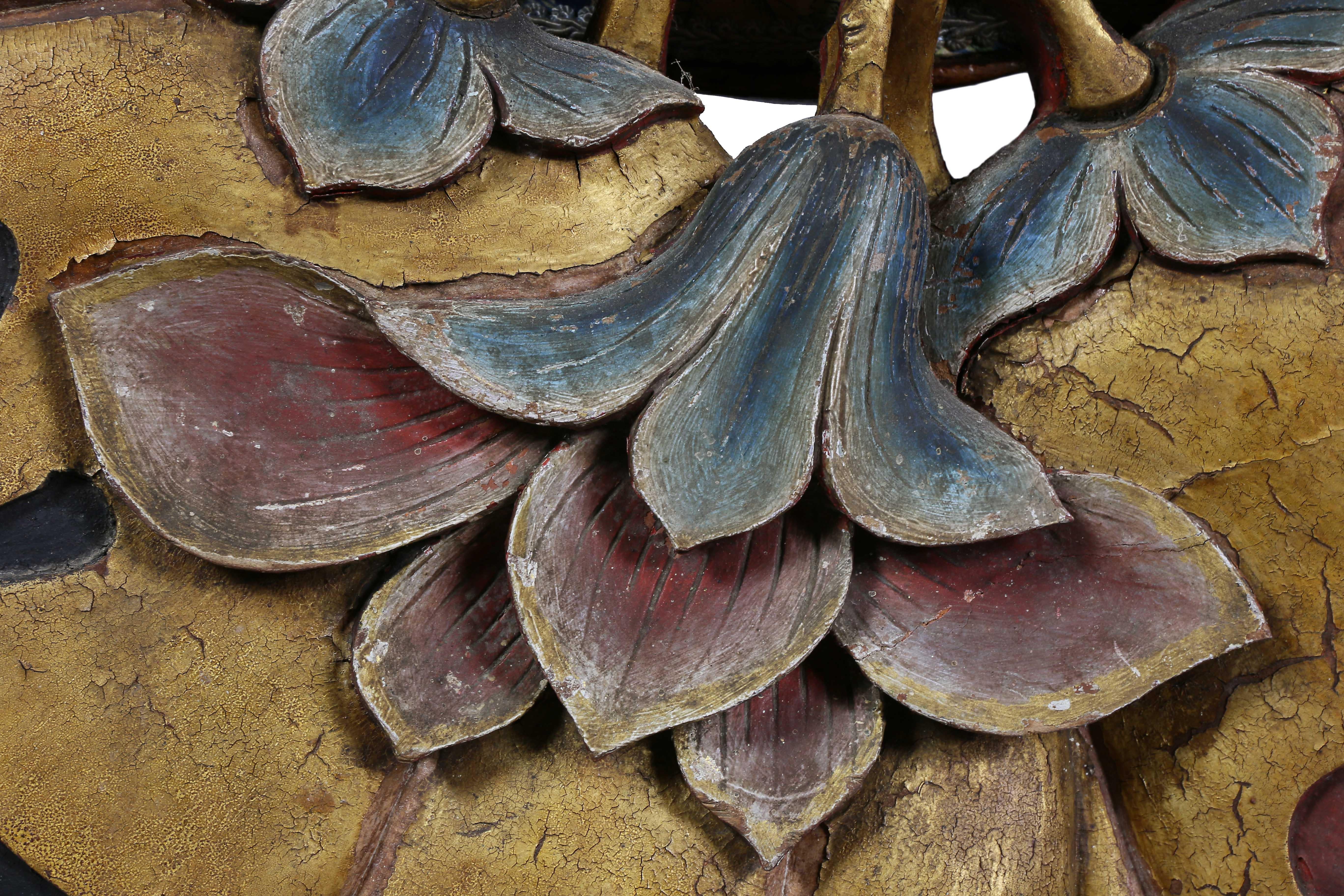 Mid-19th Century Large Japanese Carved and Polychromed Wood Panel of Gourds and Lotus For Sale