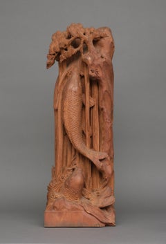Large Japanese carved wood sculpture of leaping koi 鯉 (carps)