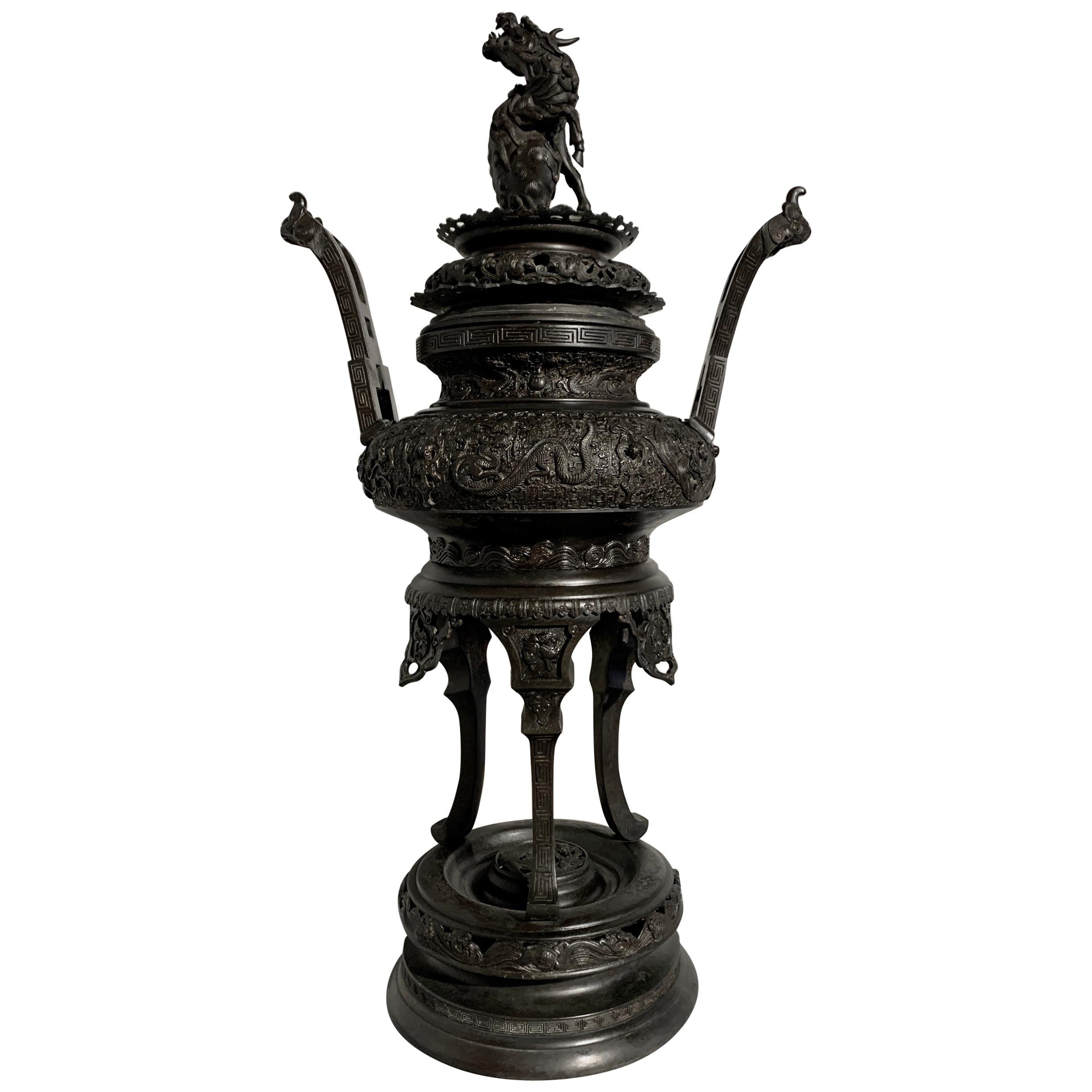 Large Japanese Meiji Period Cast Bronze Censer with Dragon and Shishi