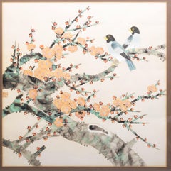 Large Japanese Cherry Blossom 'Sakura' And Two Birds Framed Watercolour C.1950