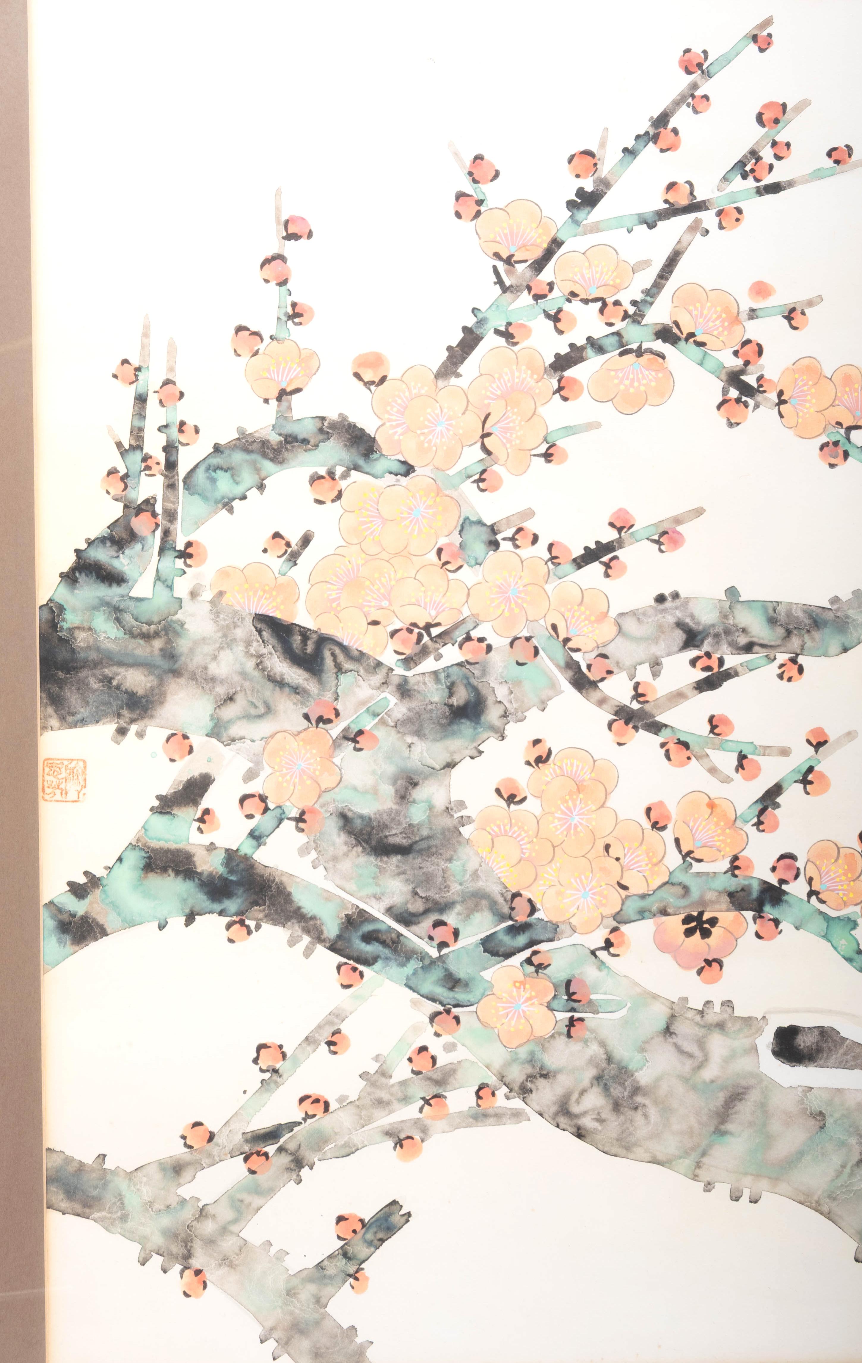 Hand-Painted Large Japanese Cherry Blossom 'Sakura' And Two Birds Framed Watercolour C.1950 For Sale