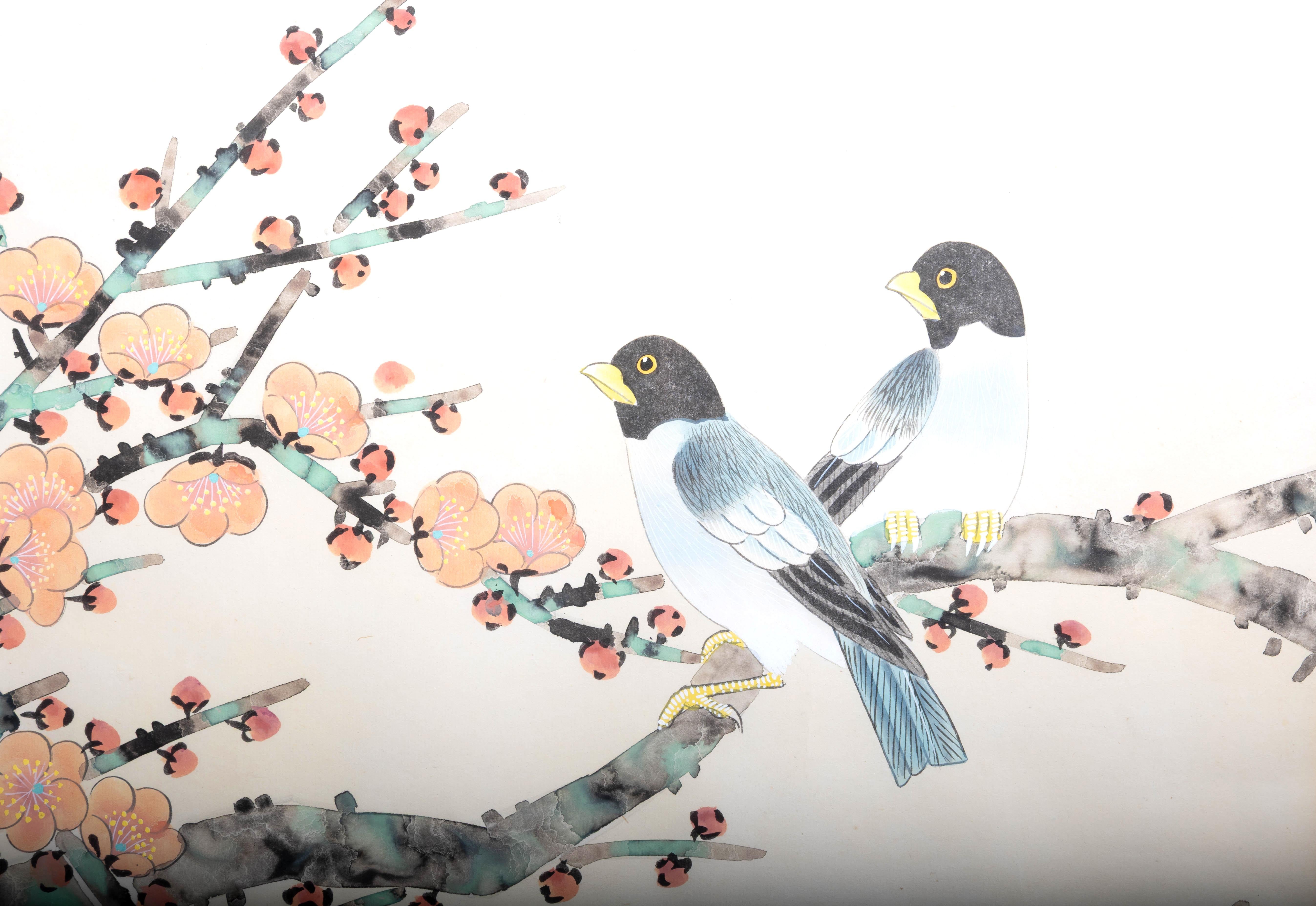 Large Japanese Cherry Blossom 'Sakura' And Two Birds Framed Watercolour C.1950 In Good Condition For Sale In London, GB