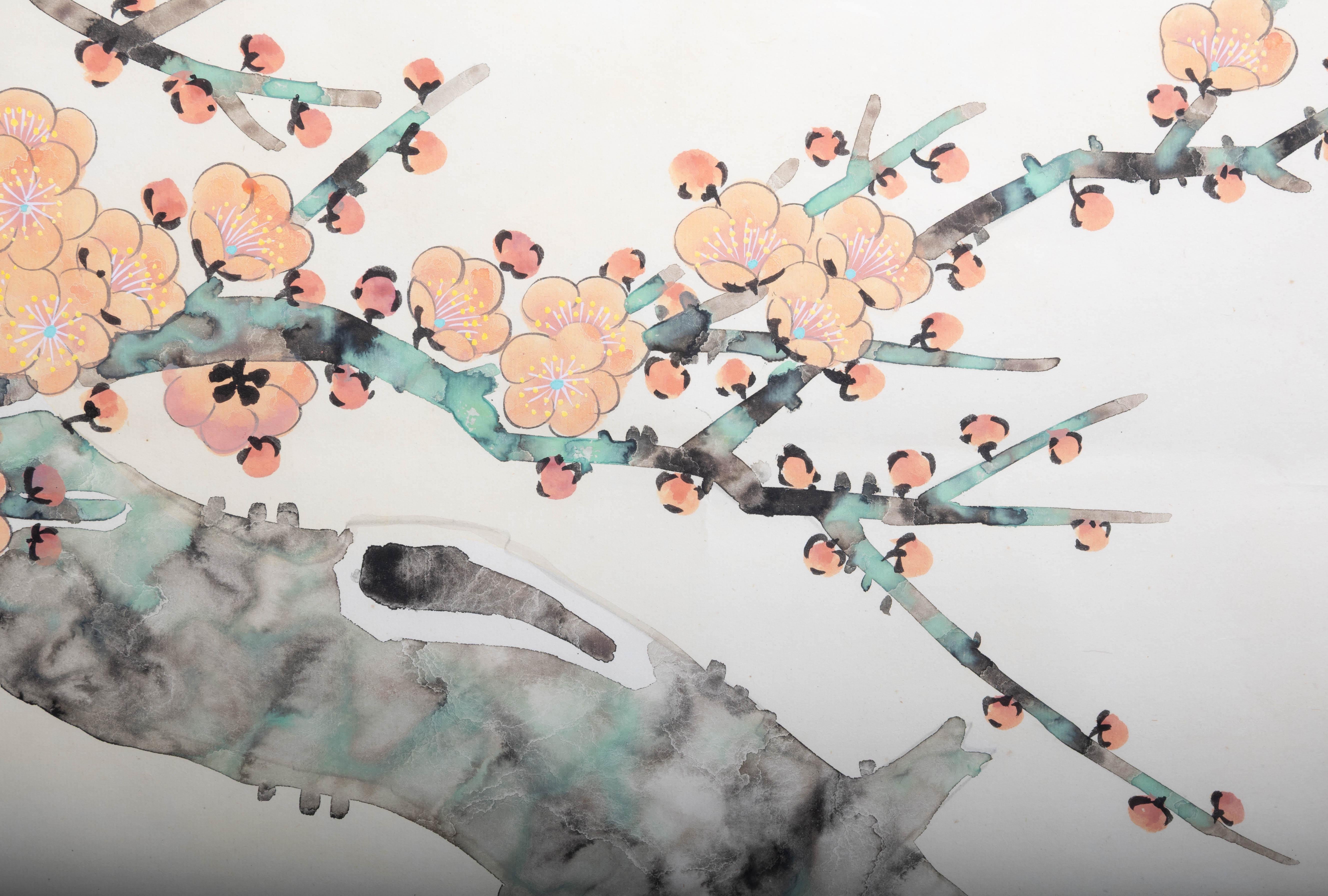 Mid-20th Century Large Japanese Cherry Blossom 'Sakura' And Two Birds Framed Watercolour C.1950 For Sale
