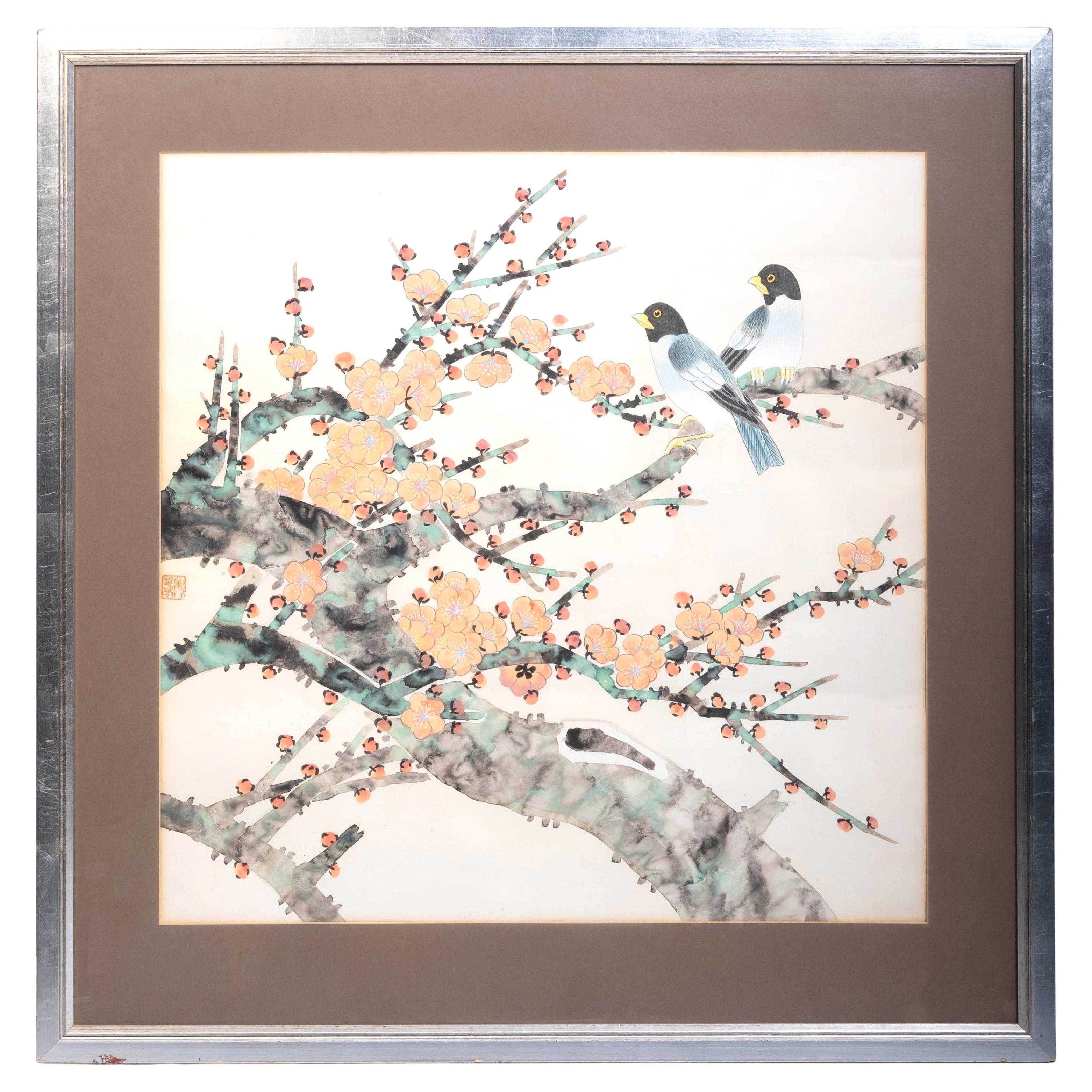Large Japanese Cherry Blossom 'Sakura' And Two Birds Framed Watercolour C.1950 For Sale