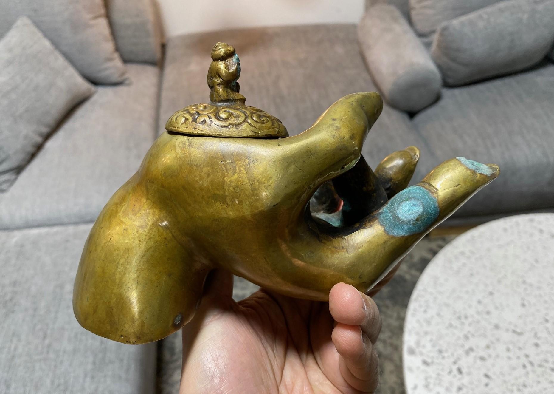 Large Japanese Chinese Asian Signed Bronze Buddha Hand Sculpture Incense Censer For Sale 12