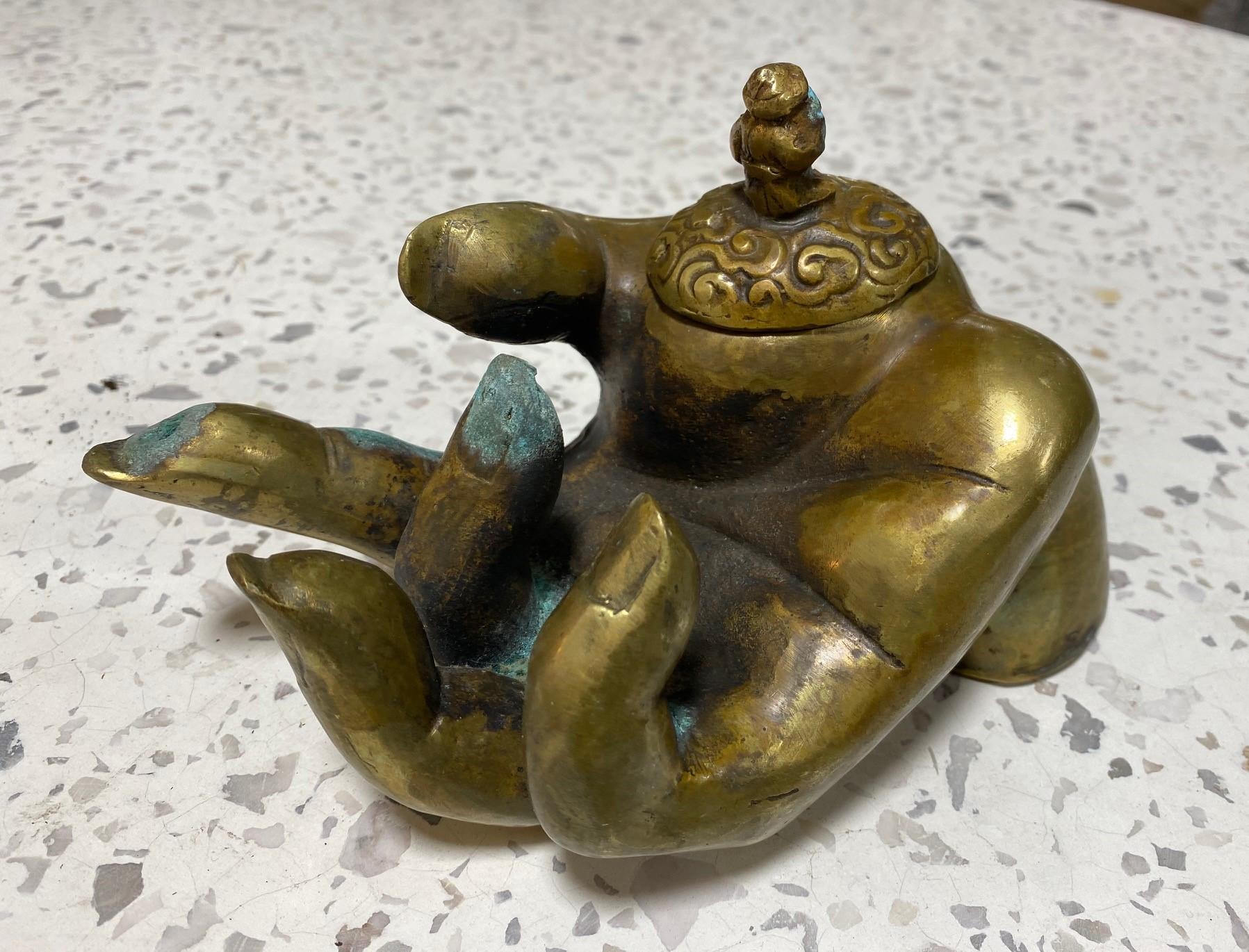 Large Japanese Chinese Asian Signed Bronze Buddha Hand Sculpture Incense Censer In Good Condition For Sale In Studio City, CA