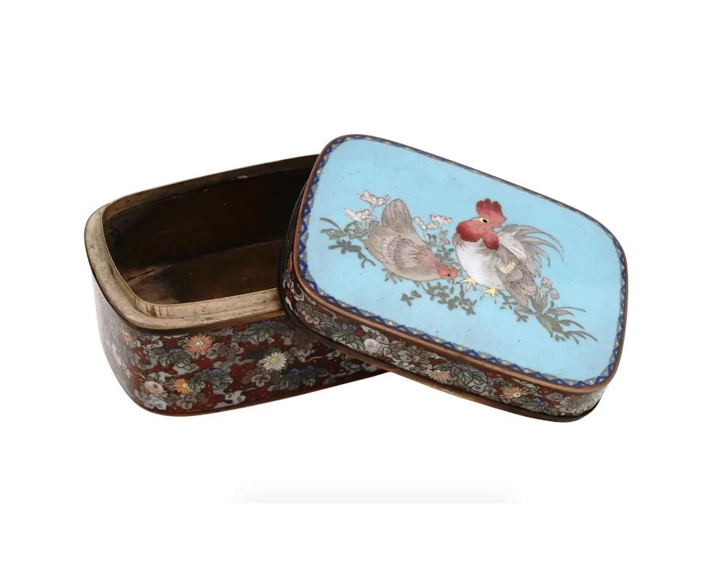 Brass Large Japanese Cloisonne Enamel Goldstone Meiji Box with Roosters For Sale