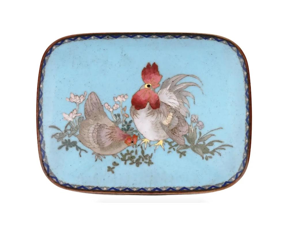 Large Japanese Cloisonne Enamel Goldstone Meiji Box with Roosters For Sale 1