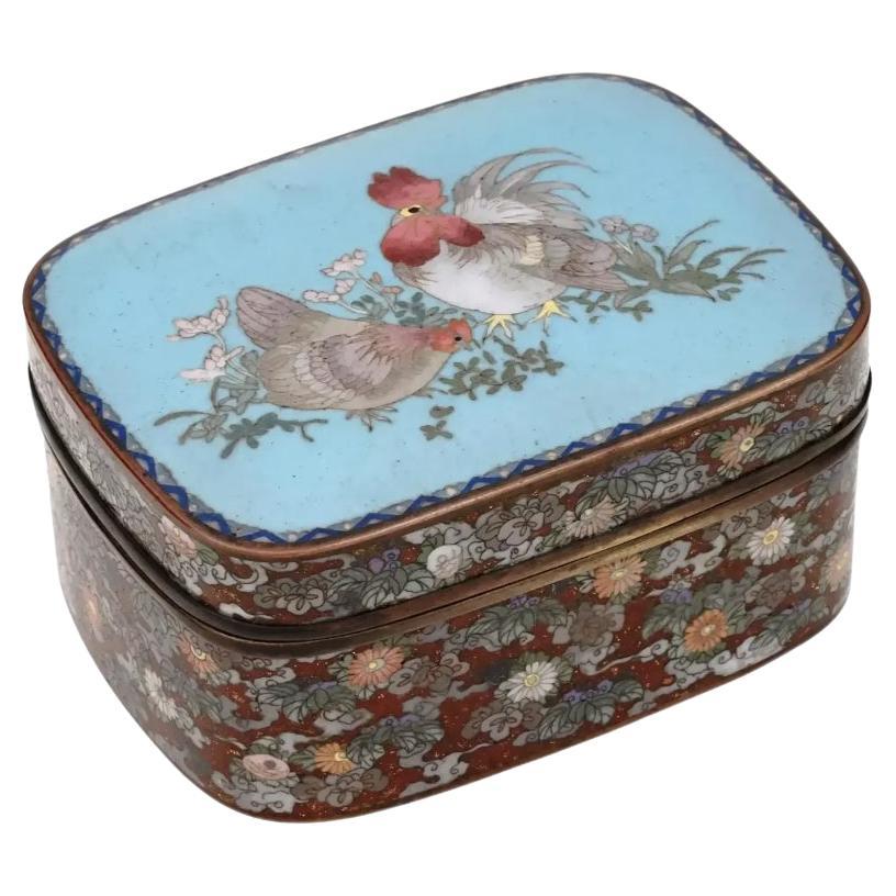 Large Japanese Cloisonne Enamel Goldstone Meiji Box with Roosters