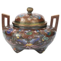 Large Japanese Cloisonne Enamel Koro Incense Burner with Takara-Mono