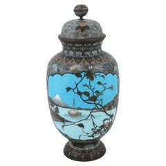 Large Japanese Cloisonne Enamel Landscape Scene Dragons Covered Jar Attributed t